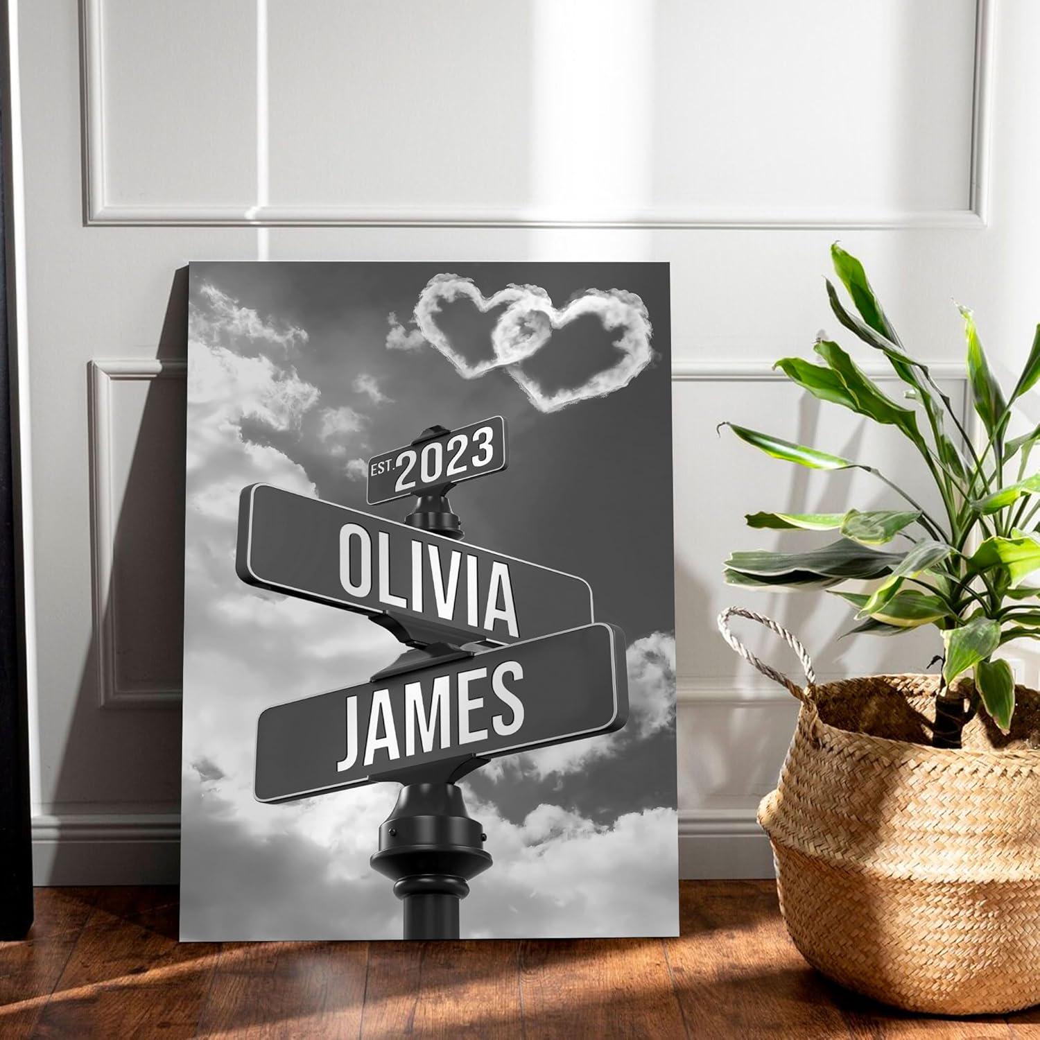 Custom Name And Date Street Sign Canvas Print, Personalized Canvas Vintage Street Sign Gift For Couples, Valentine day gift, Newlywed Gift