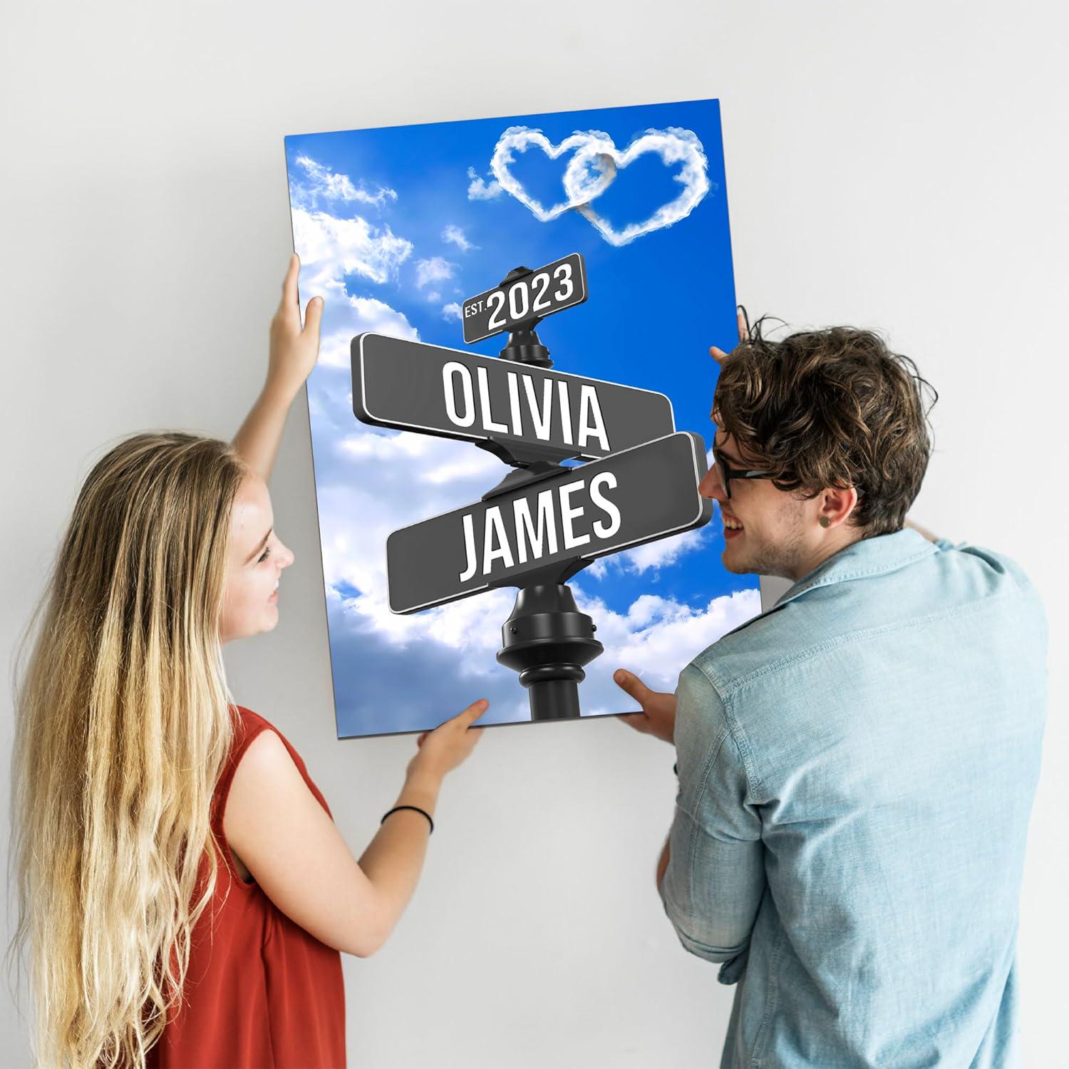 Custom Name And Date Street Sign Canvas Print, Personalized Canvas Vintage Valentines day Gift For Couples, Crossroads Intersection Sign