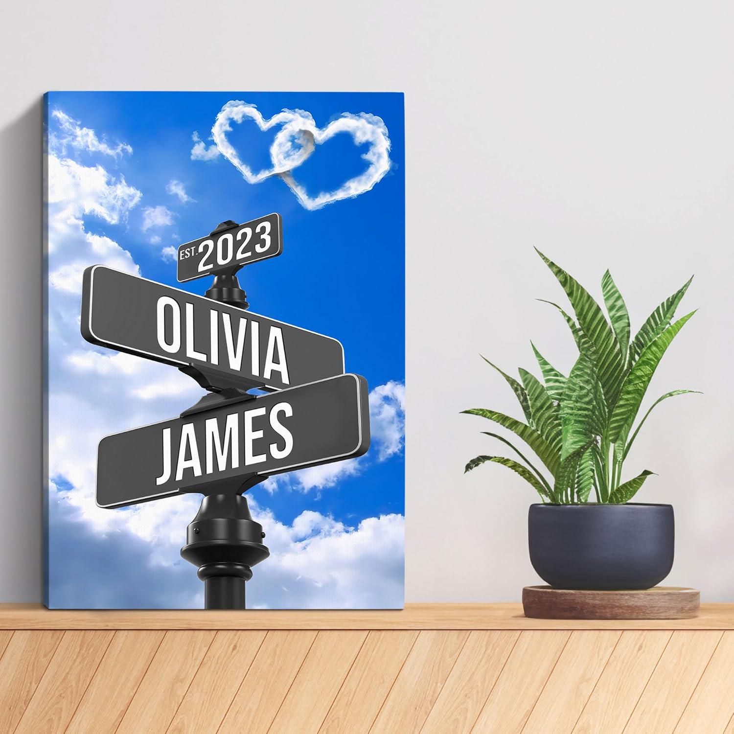 Custom Name And Date Street Sign Canvas Print, Personalized Canvas Vintage Valentines day Gift For Couples, Crossroads Intersection Sign