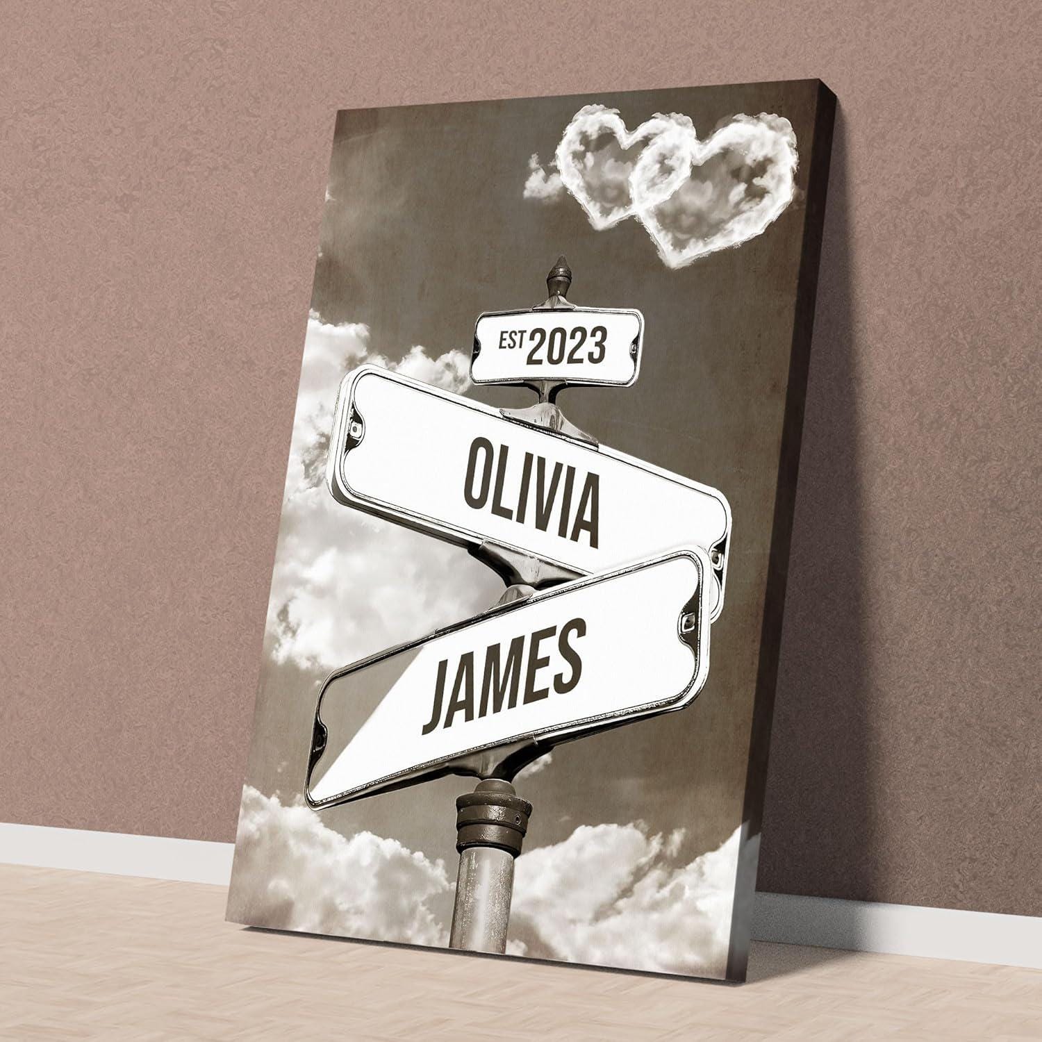 Personalized Crossroads Street Sign For Couples, Custom Name And Date Vintage Street Sign Canvas Print, Anniversary Valentines Day Gift