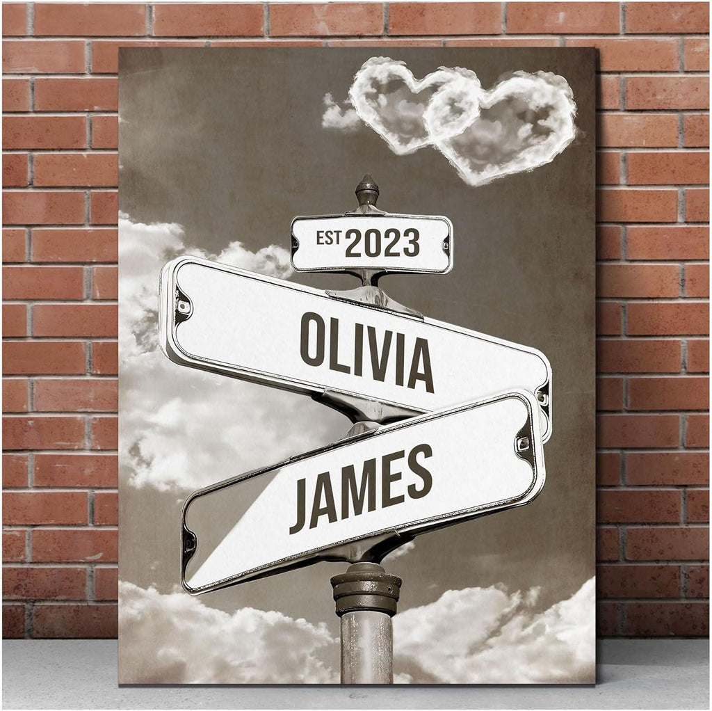Personalized Crossroads Street Sign For Couples, Custom Name And Date Vintage Street Sign Canvas Print, Anniversary Valentines Day Gift