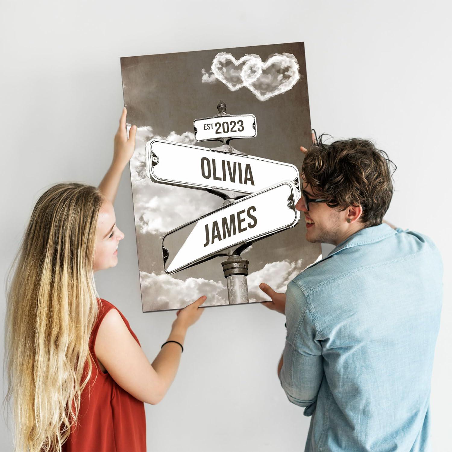 Personalized Crossroads Street Sign For Couples, Custom Name And Date Vintage Street Sign Canvas Print, Anniversary Valentines Day Gift