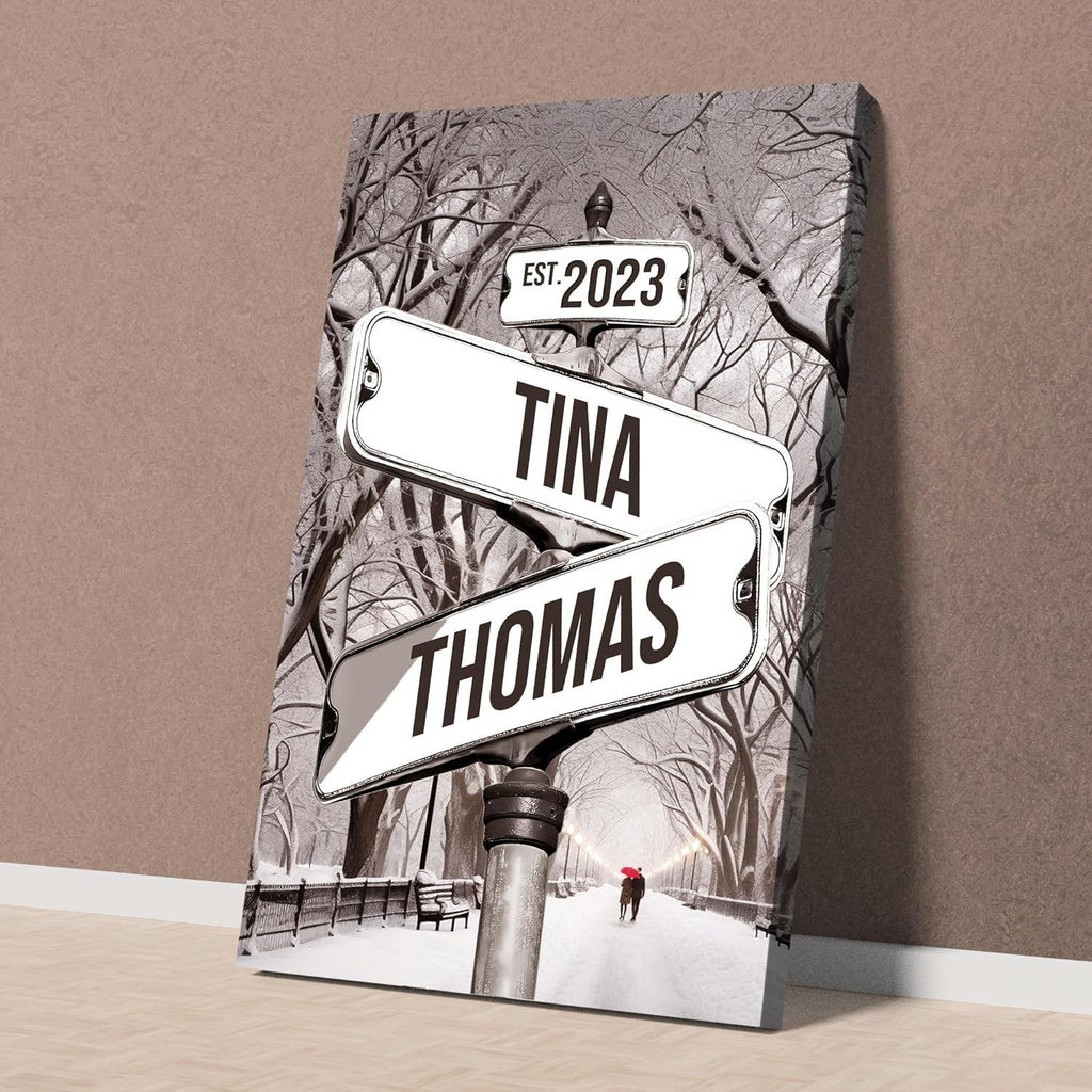 Custom Name And Date Vintage Street Sign Canvas Poster, Personalized Crossroads Street Sign gift for Girlfriend Boyfriend Anniversary Gifts