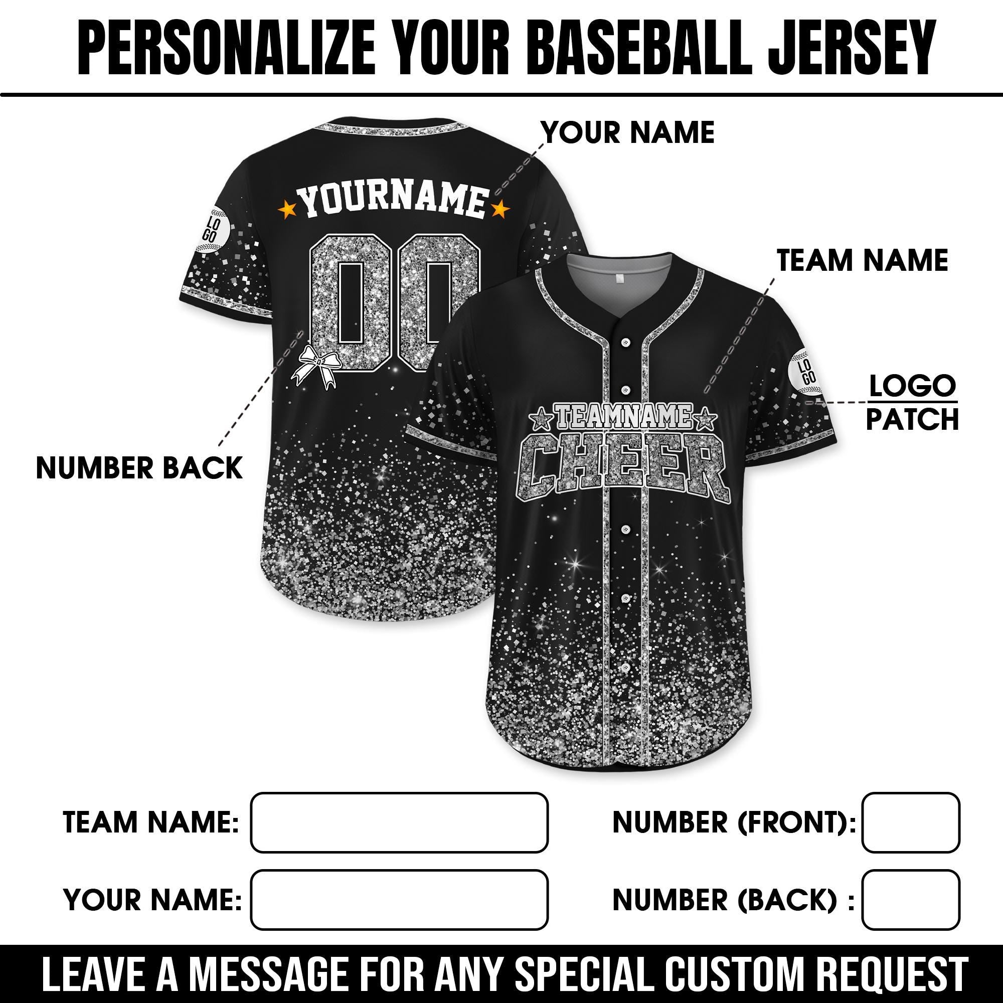 Personalized Team Name Number Glitter Cheer Baseball Jersey for Adult Kid, Custom Name Cheer Ribbon Baseball Jersey for Cheer Leader Team