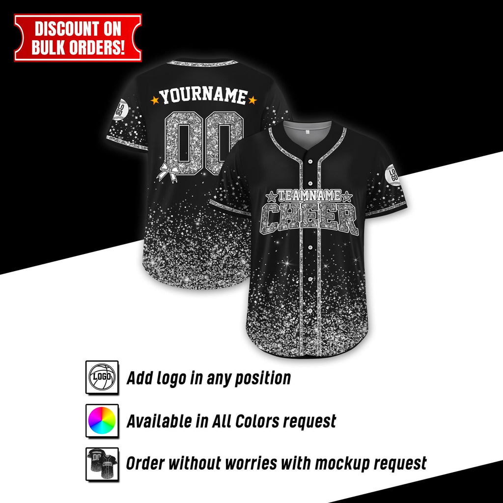 Personalized Team Name Number Glitter Cheer Baseball Jersey for Adult Kid, Custom Name Cheer Ribbon Baseball Jersey for Cheer Leader Team