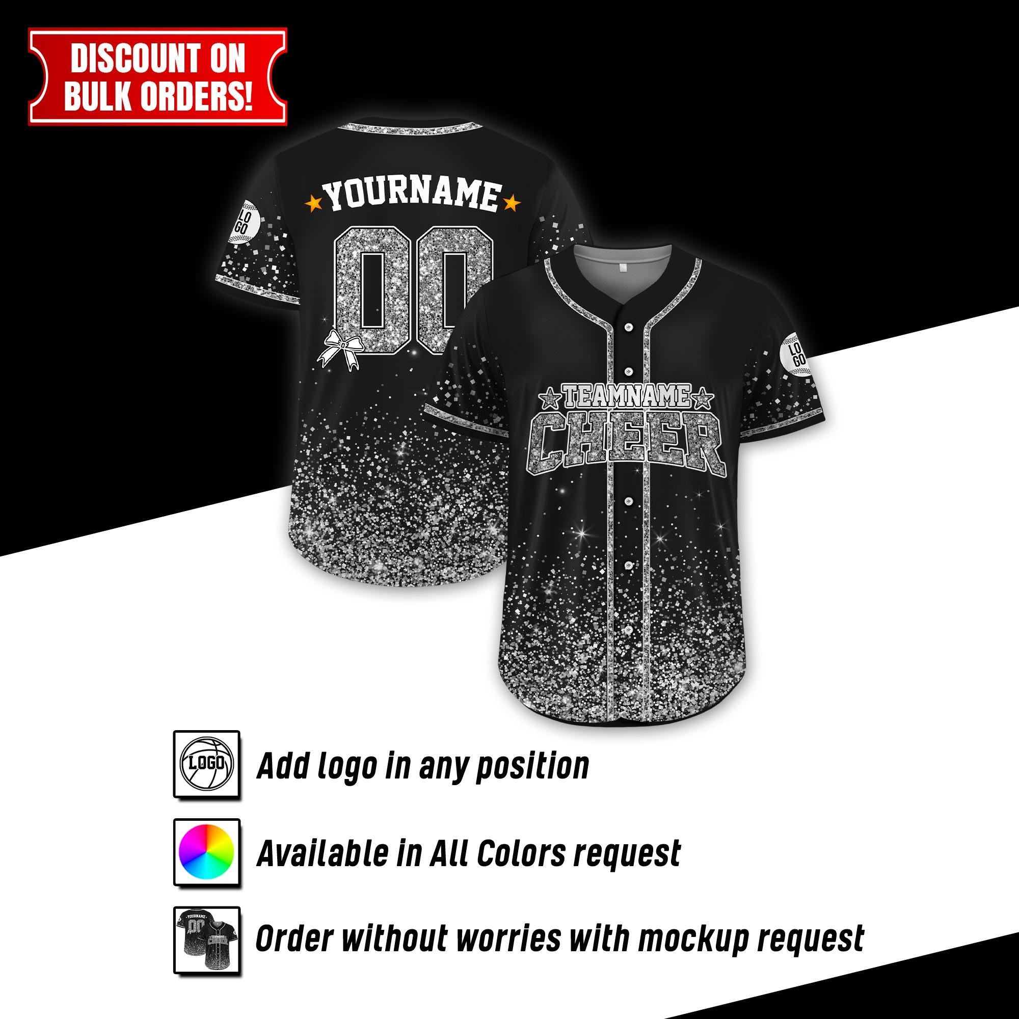 Personalized Team Name Number Glitter Cheer Baseball Jersey for Adult Kid, Custom Name Cheer Ribbon Baseball Jersey for Cheer Leader Team