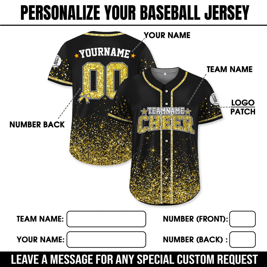 Personalized Team Name Number Glitter Cheer Baseball Jersey for Men Women Youth Kid, Custom Name Coquette Bow Cheer Jersey For Cheerleader