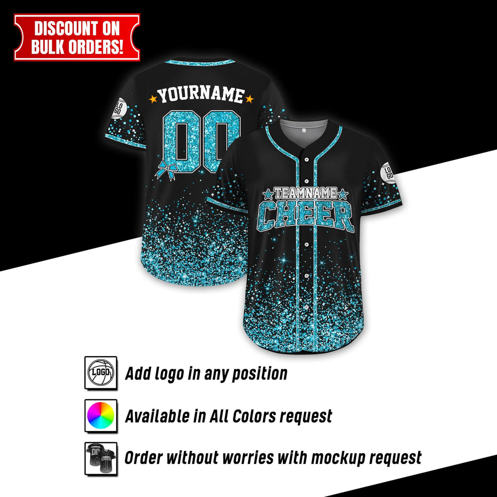 Custom Name Glitter Gradient Baseball Jersey for Men Women Youth Kid, Custom Name Cheer Ribbon Baseball Jersey, Faux Glitter Cheer Jersey