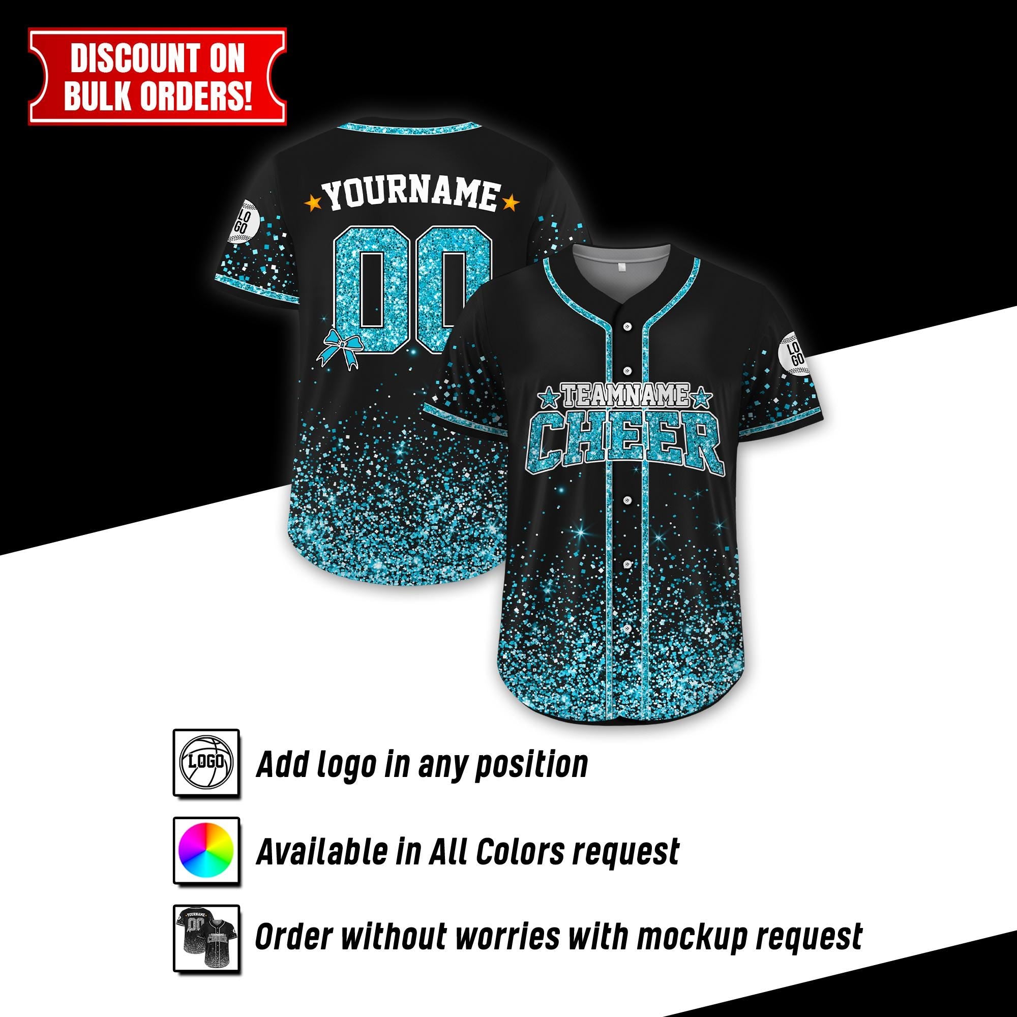 Custom Name Glitter Gradient Baseball Jersey for Men Women Youth Kid, Custom Name Cheer Ribbon Baseball Jersey, Faux Glitter Cheer Jersey