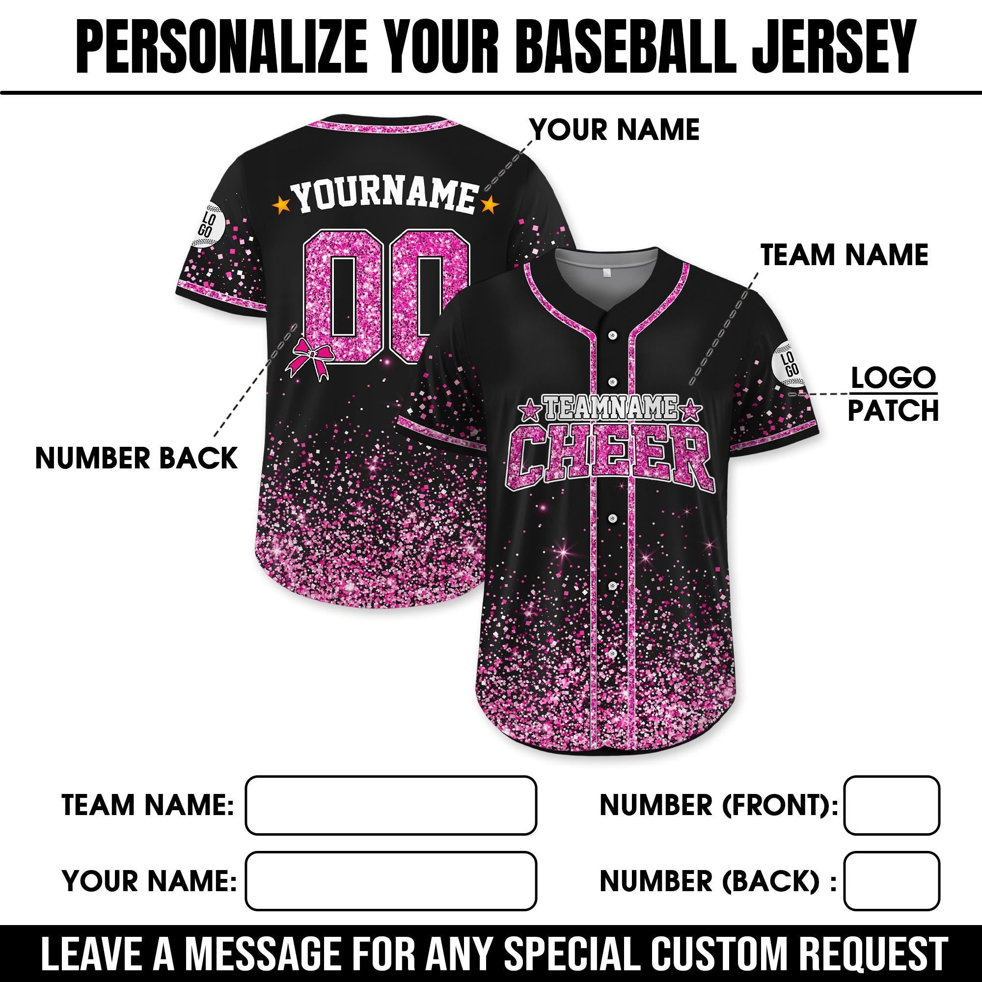 Custom Name Glitter Gradient Baseball Jersey for Men Women Youth Kid, Custom Name Cheer Ribbon Baseball Jersey, Faux Glitter Cheer Jersey
