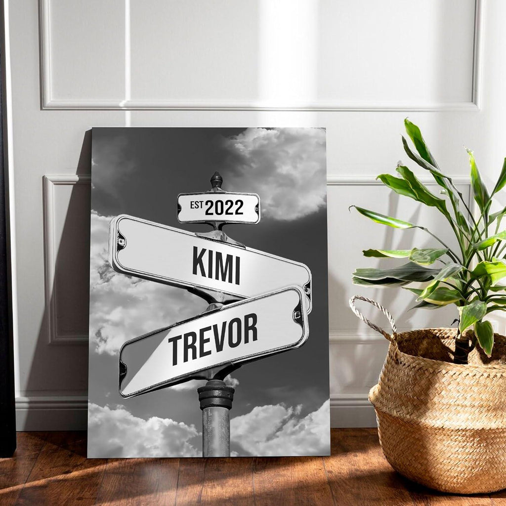 Personalized Name Vintage Street Sign Canvas, Wedding Wall Art Custom Name Date Crossroads Street Sign, Ideal Gift For Couples Anniversary