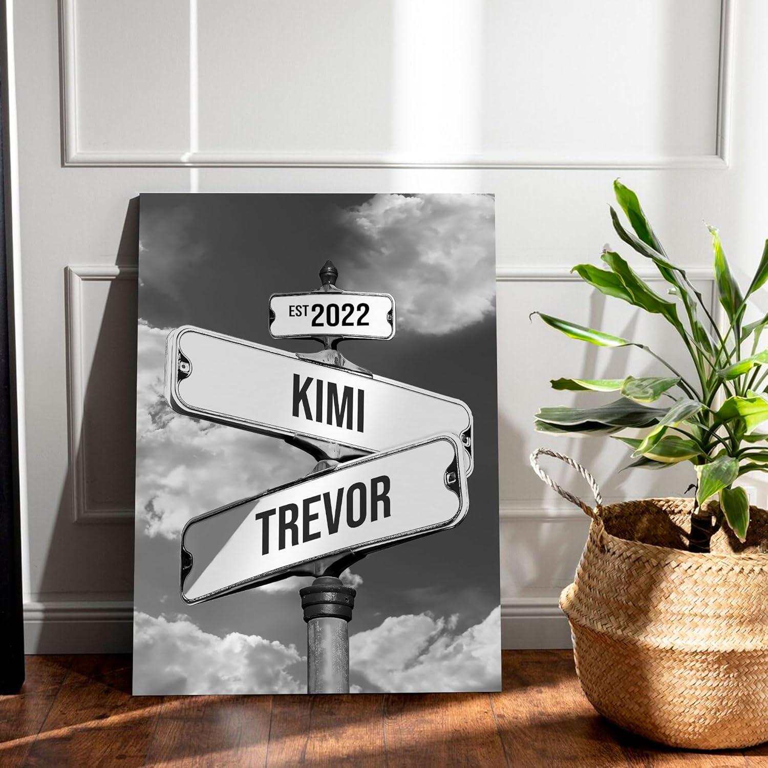 Personalized Name Vintage Street Sign Canvas, Wedding Wall Art Custom Name Date Crossroads Street Sign, Ideal Gift For Couples Anniversary