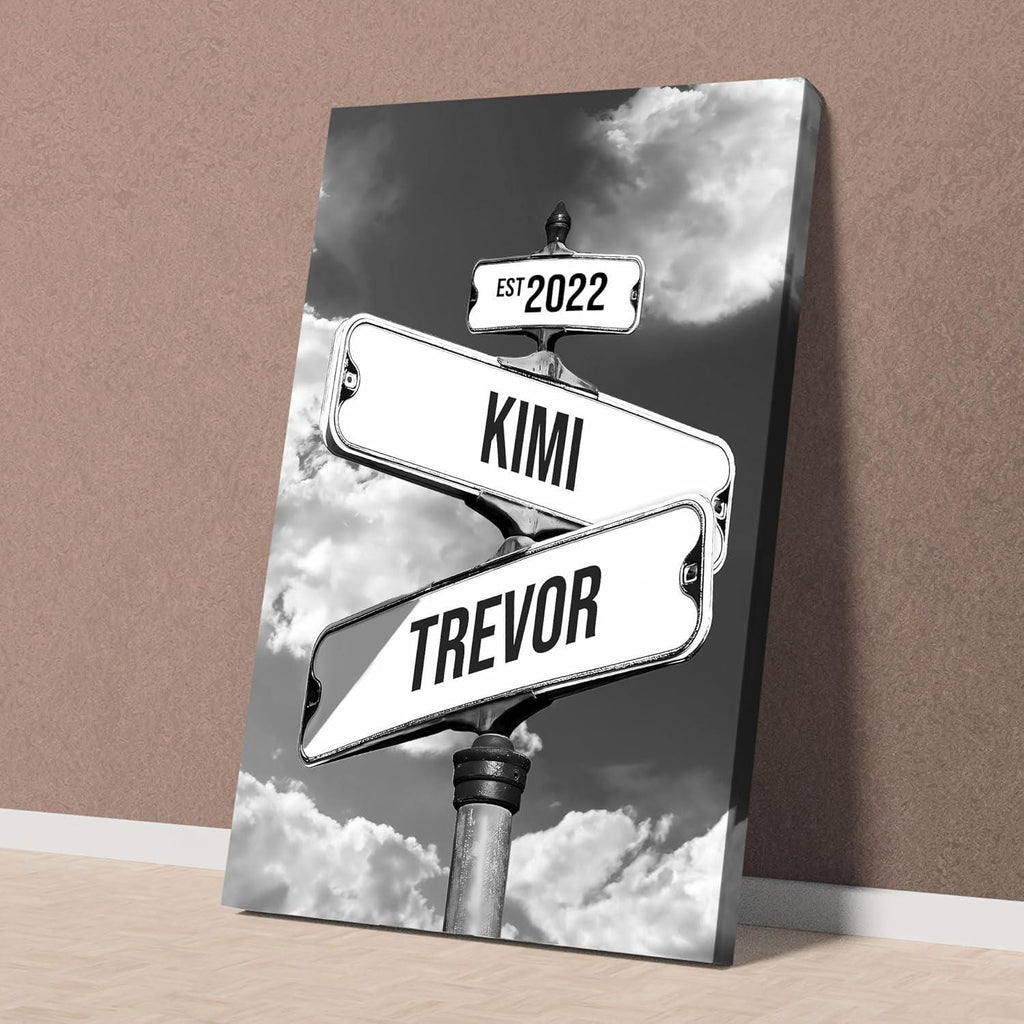 Personalized Name Vintage Street Sign Canvas, Wedding Wall Art Custom Name Date Crossroads Street Sign, Ideal Gift For Couples Anniversary