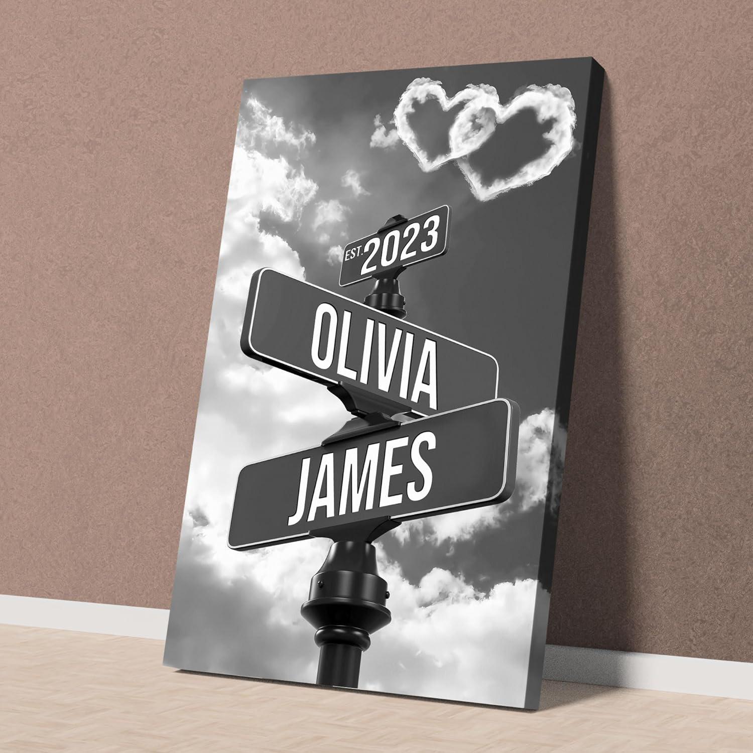 Custom Name And Date Street Sign Canvas Print, Personalized Canvas Vintage Street Sign Gift For Couples, Valentine day gift, Newlywed Gift
