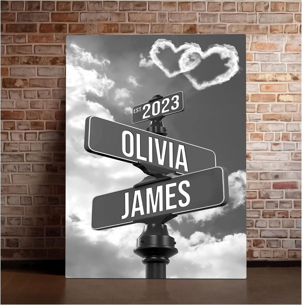 Custom Name And Date Street Sign Canvas Print, Personalized Canvas Vintage Street Sign Gift For Couples, Valentine day gift, Newlywed Gift