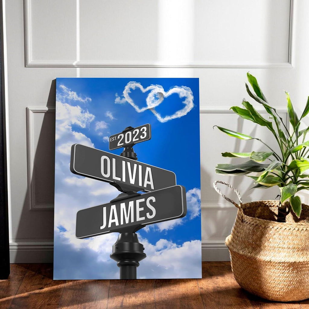 Custom Name And Date Street Sign Canvas Print, Personalized Canvas Vintage Valentines day Gift For Couples, Crossroads Intersection Sign