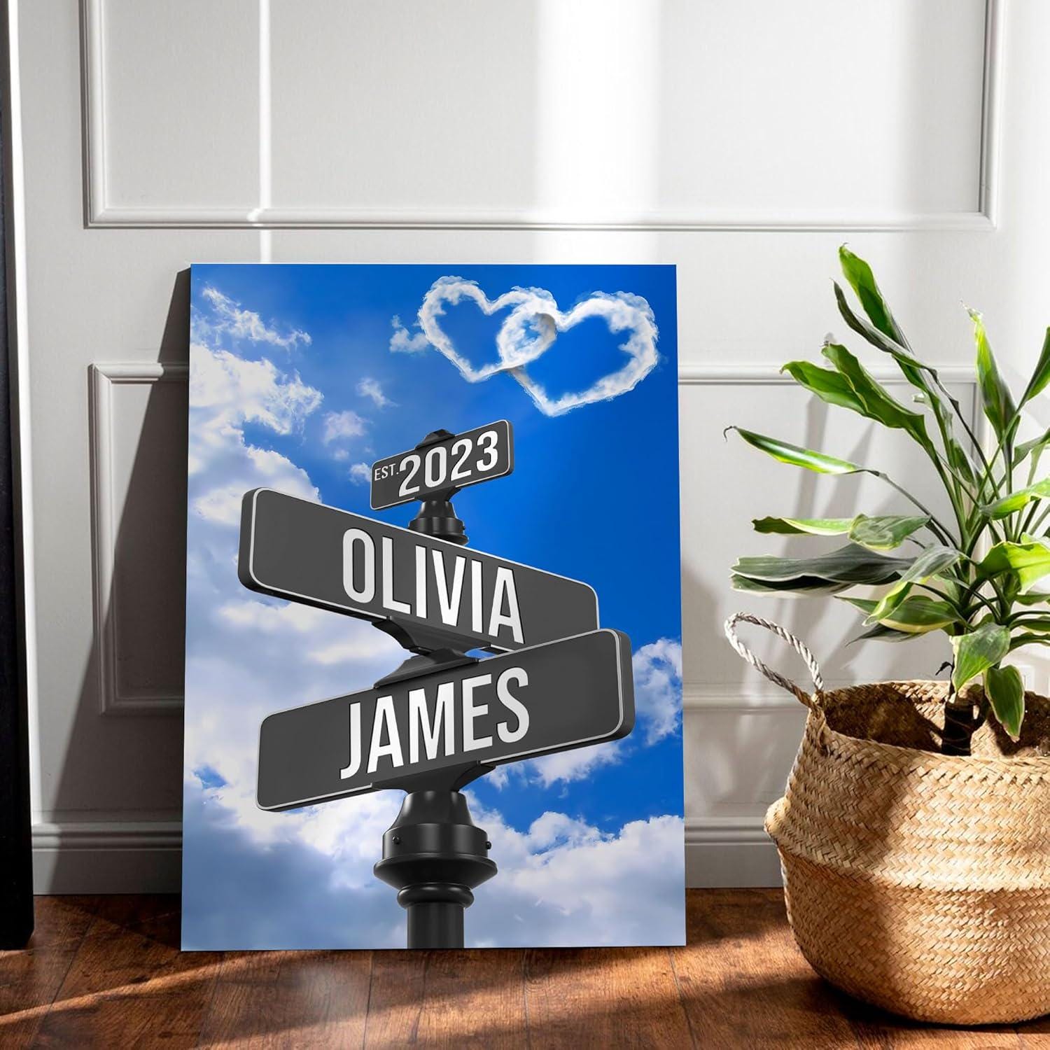 Custom Name And Date Street Sign Canvas Print, Personalized Canvas Vintage Valentines day Gift For Couples, Crossroads Intersection Sign