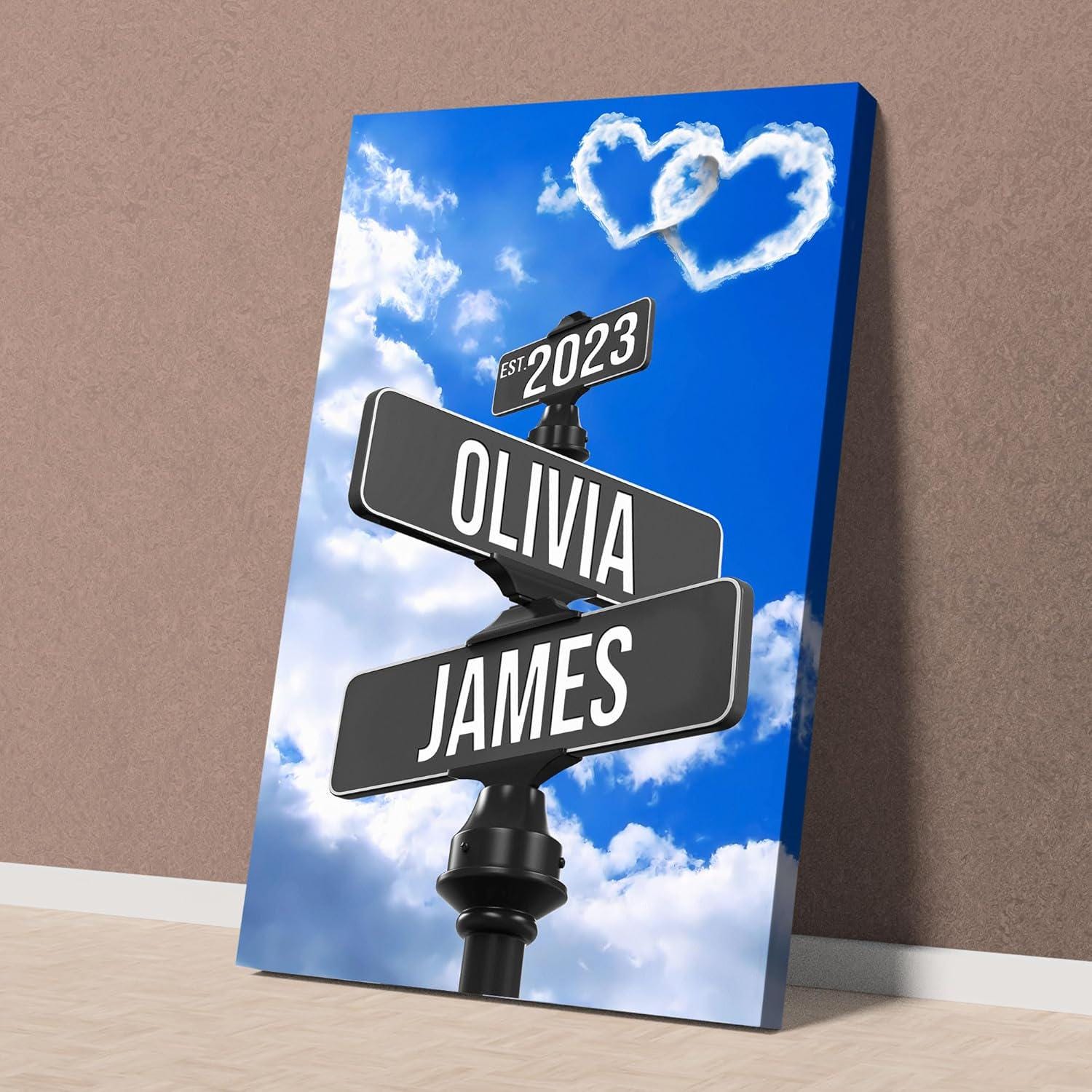 Custom Name And Date Street Sign Canvas Print, Personalized Canvas Vintage Valentines day Gift For Couples, Crossroads Intersection Sign