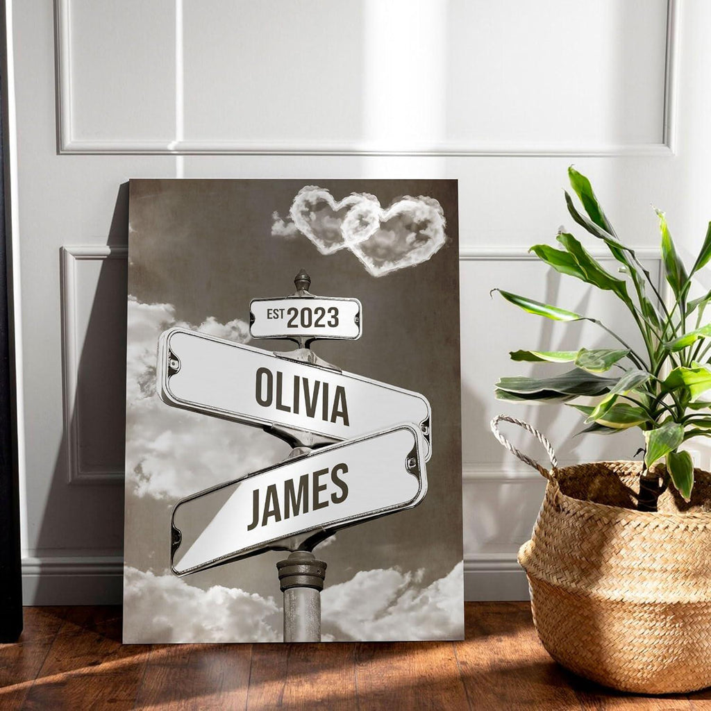 Personalized Crossroads Street Sign For Couples, Custom Name And Date Vintage Street Sign Canvas Print, Anniversary Valentines Day Gift