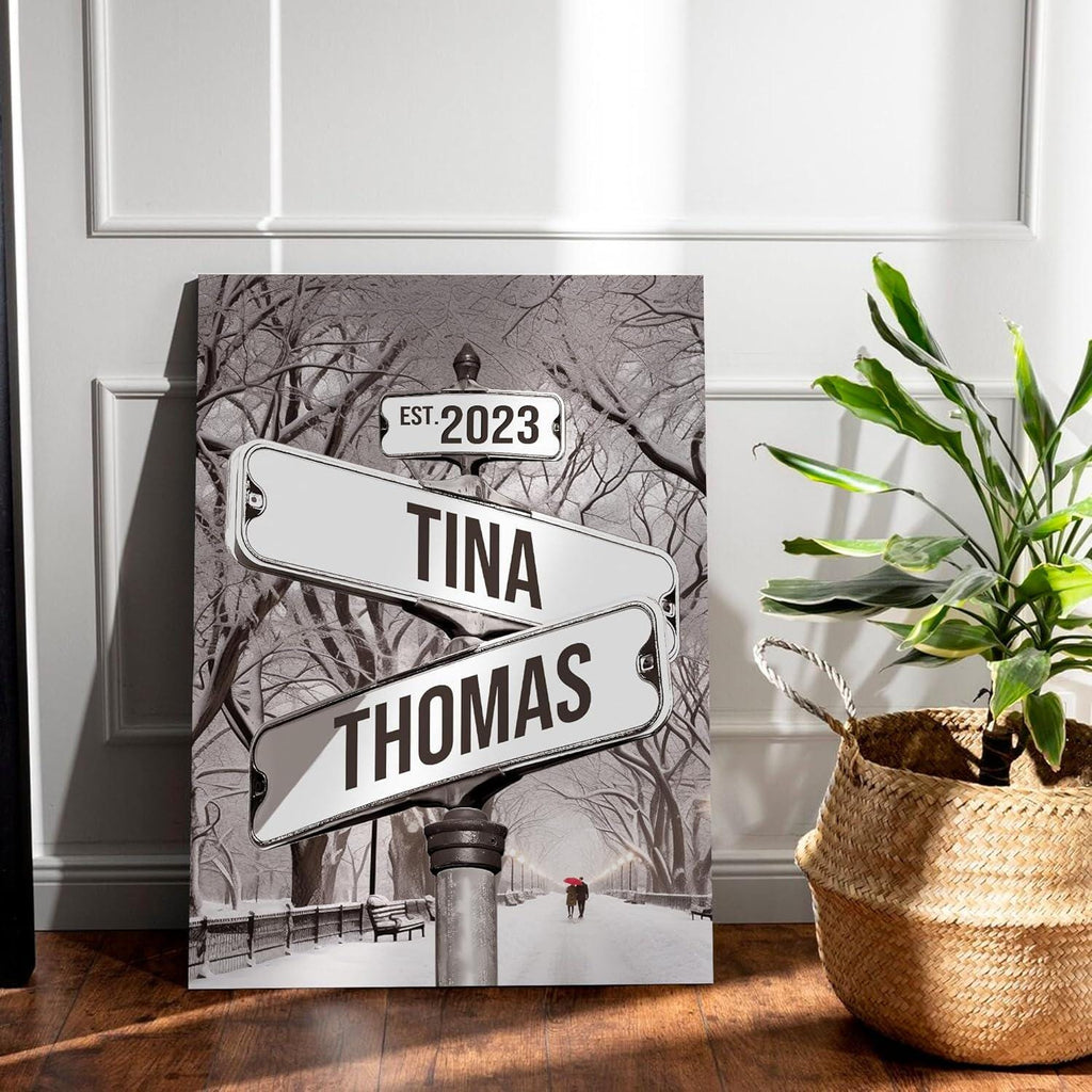 Custom Name And Date Vintage Street Sign Canvas Poster, Personalized Crossroads Street Sign gift for Girlfriend Boyfriend Anniversary Gifts