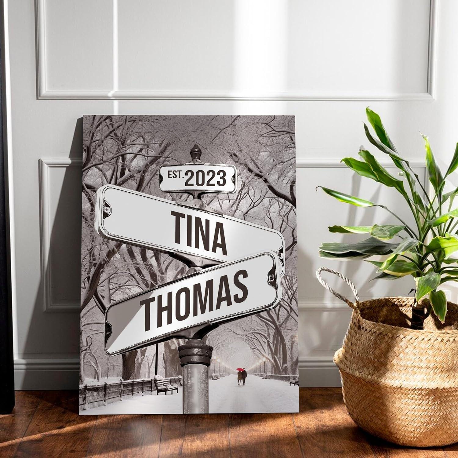 Custom Name And Date Vintage Street Sign Canvas Poster, Personalized Crossroads Street Sign gift for Girlfriend Boyfriend Anniversary Gifts