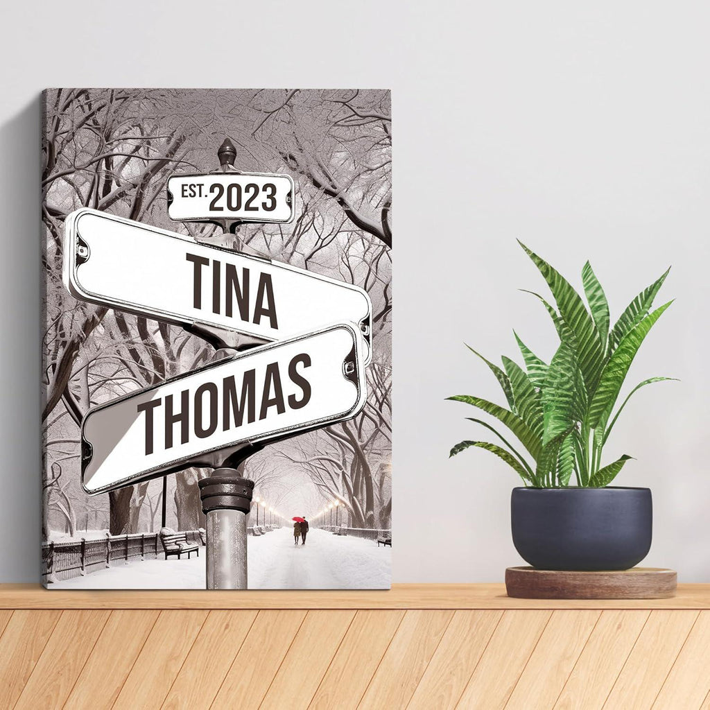 Custom Name And Date Vintage Street Sign Canvas Poster, Personalized Crossroads Street Sign gift for Girlfriend Boyfriend Anniversary Gifts