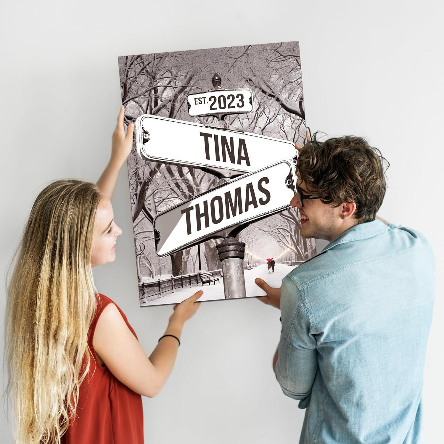 Custom Name And Date Vintage Street Sign Canvas Poster, Personalized Crossroads Street Sign gift for Girlfriend Boyfriend Anniversary Gifts