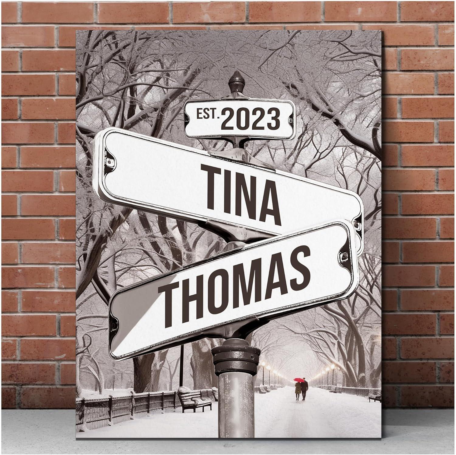 Custom Name And Date Vintage Street Sign Canvas Poster, Personalized Crossroads Street Sign gift for Girlfriend Boyfriend Anniversary Gifts