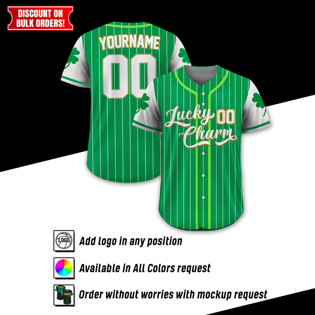 Personalized St Patrick's Day Baseball Jersey with Lucky Charm Shamrock, Custom Name & Number Jersey for Adult Kid, St. Patrick's Day Outfit