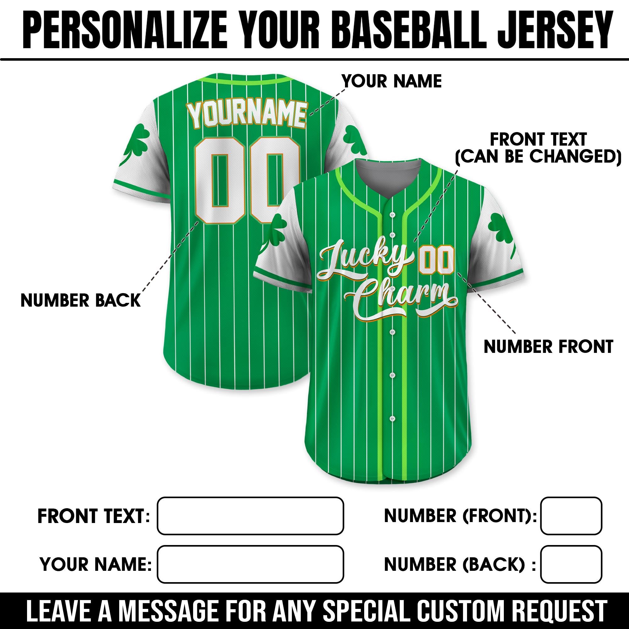Personalized St Patrick's Day Baseball Jersey with Lucky Charm Shamrock, Custom Name & Number Jersey for Adult Kid, St. Patrick's Day Outfit