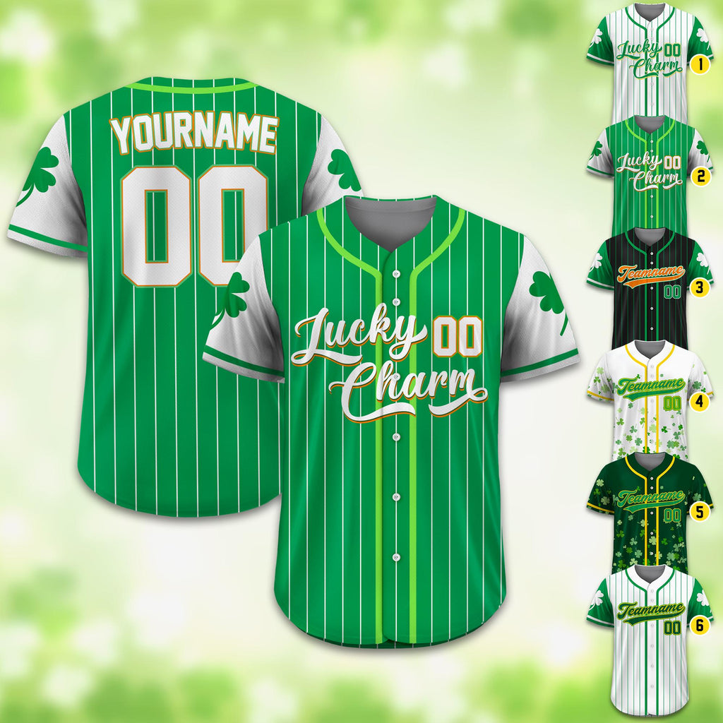 Personalized St Patrick's Day Baseball Jersey with Lucky Charm Shamrock, Custom Name & Number Jersey for Adult Kid, St. Patrick's Day Outfit
