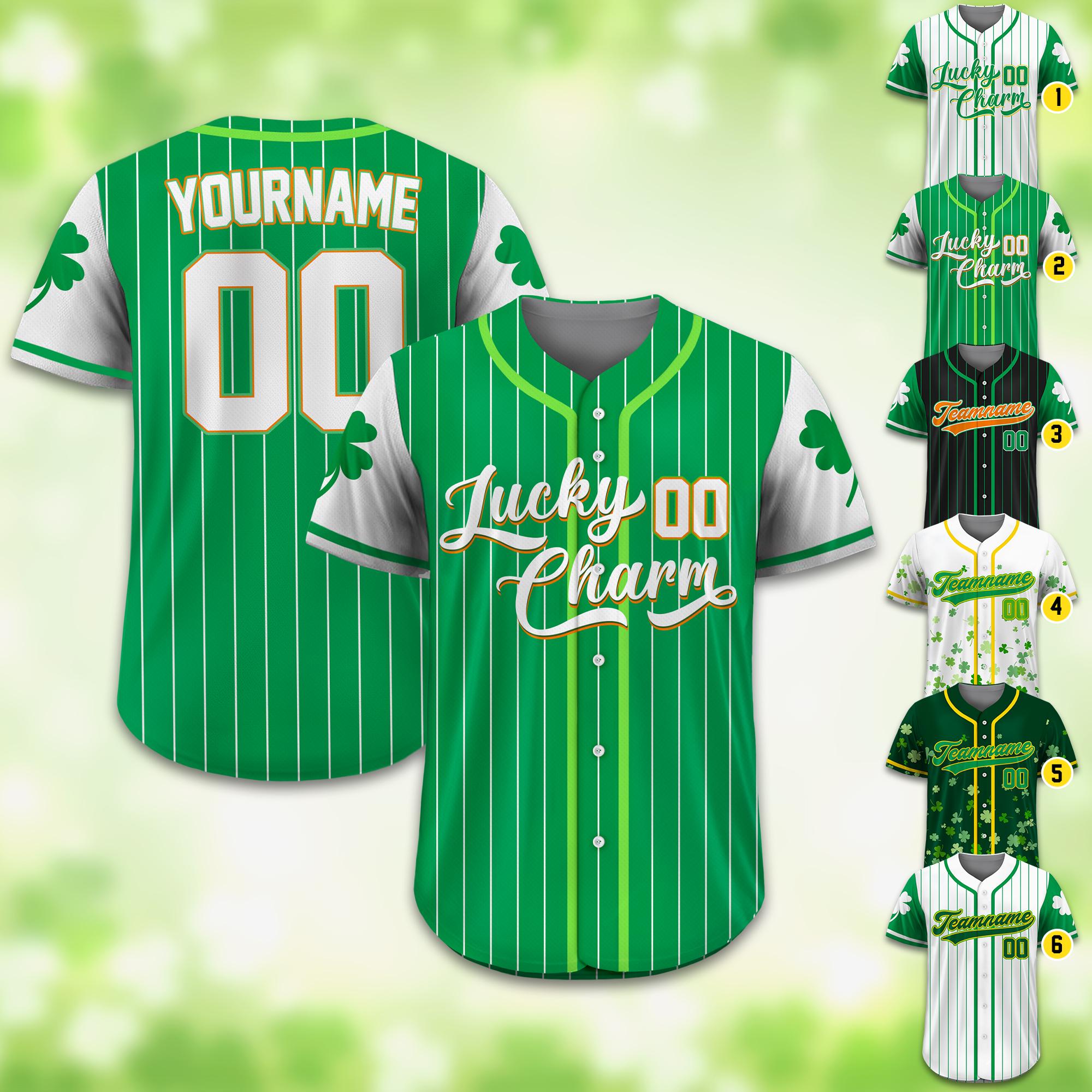 Personalized St Patrick's Day Baseball Jersey with Lucky Charm Shamrock, Custom Name & Number Jersey for Adult Kid, St. Patrick's Day Outfit