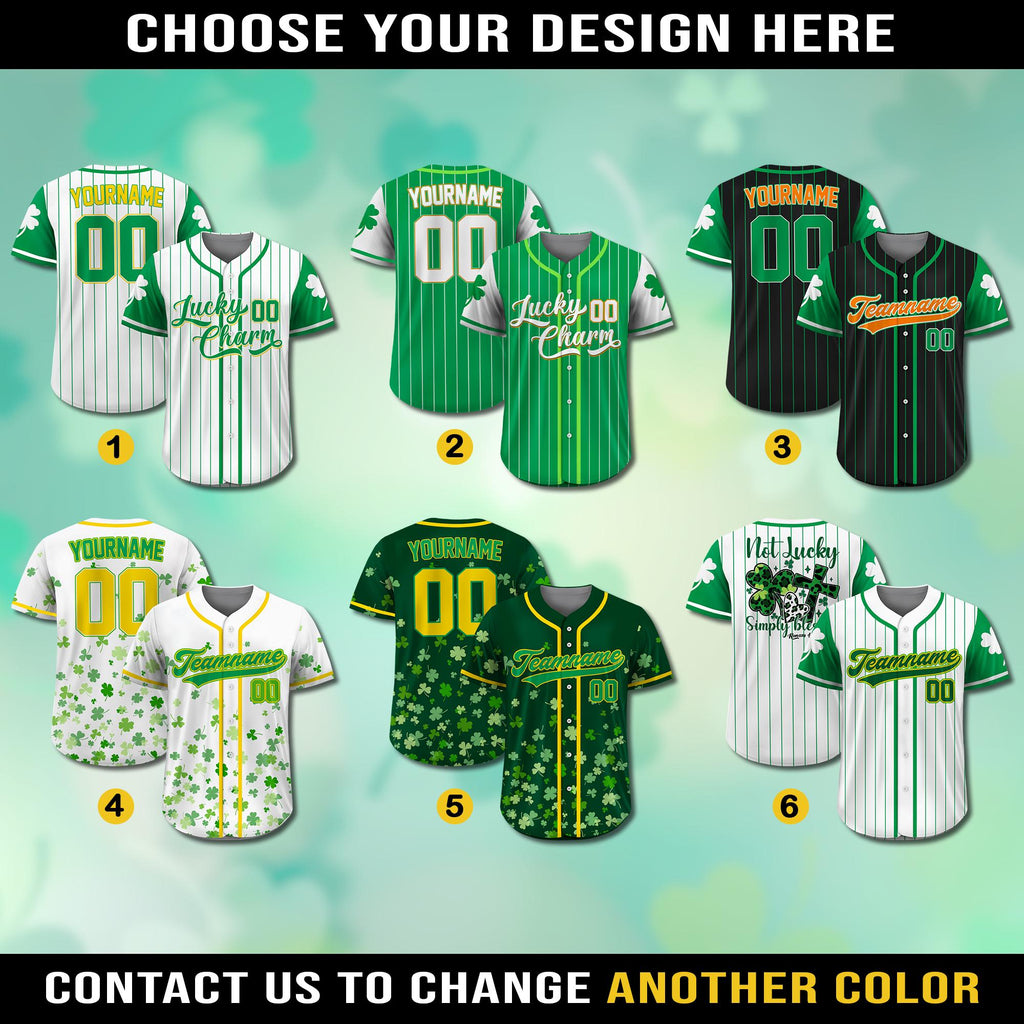 Personalized St Patrick's Day Baseball Jersey with Lucky Charm Shamrock, Custom Name & Number Jersey for Adult Kid, St. Patrick's Day Outfit