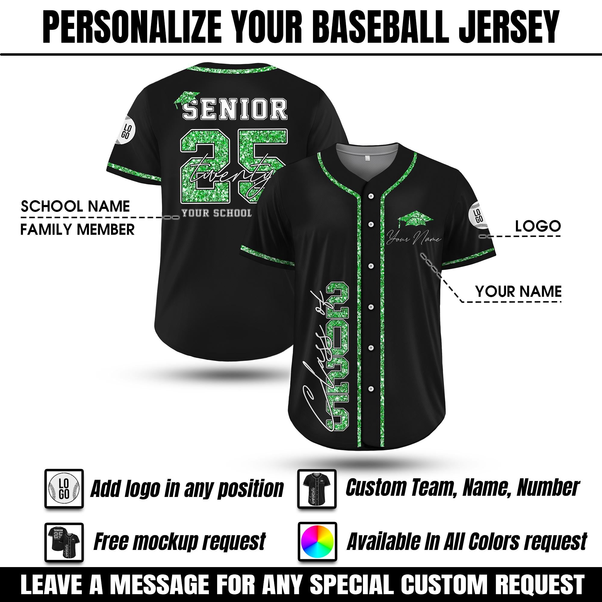 Custom Senior 2025 Baseball Jersey For Men Women Youth Kid, Personalized Glitter Class of 2025 Shirt, High School Graduation Family Matching