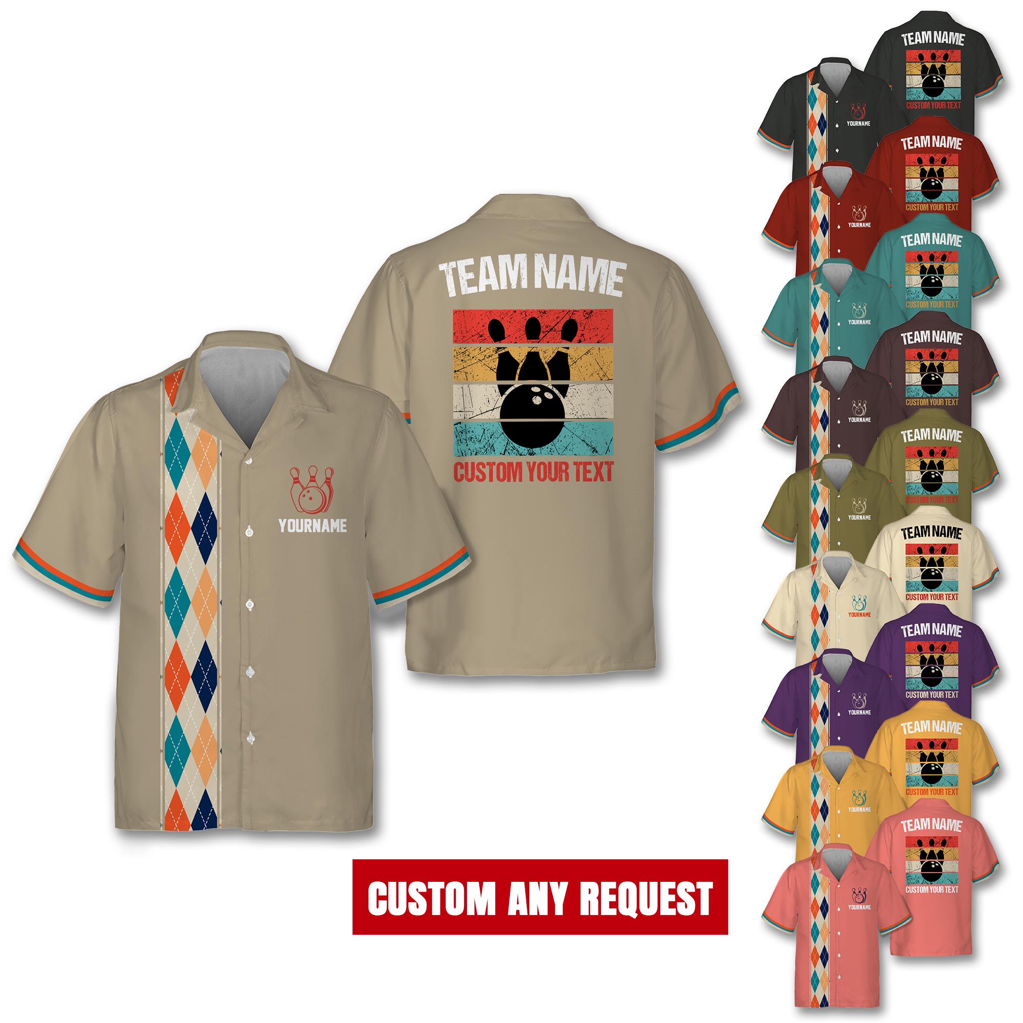 Personalized Retro Bowling Hawaiian Jersey, Custom Team Name Bowler Button Down Shirt, Matching Bowling Team Shirt, Bowling Lovers Gift