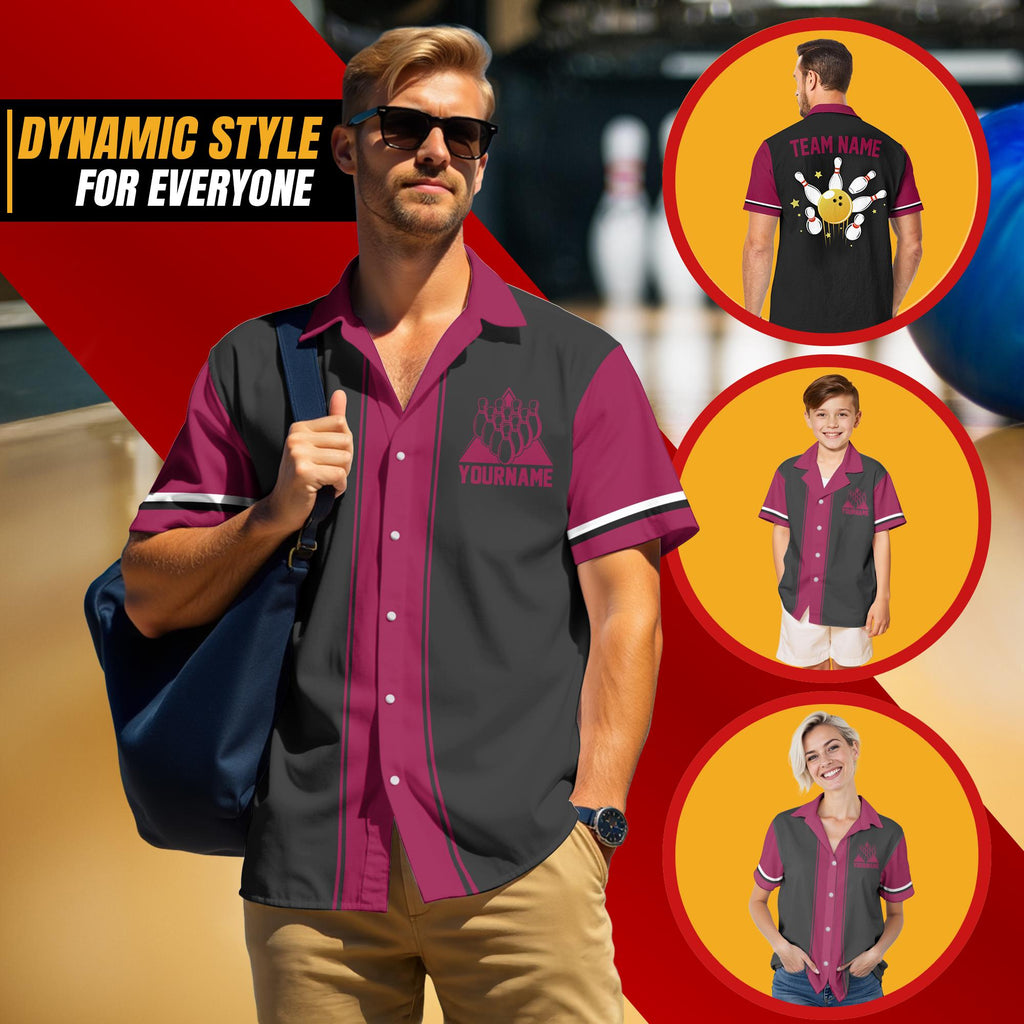 Personalized Hawaiian Bowling Jersey for Adult Youth Kid, Custom Name Matching Bowling Team Jersey Shirt, Button Down Bowling Jersey Gift