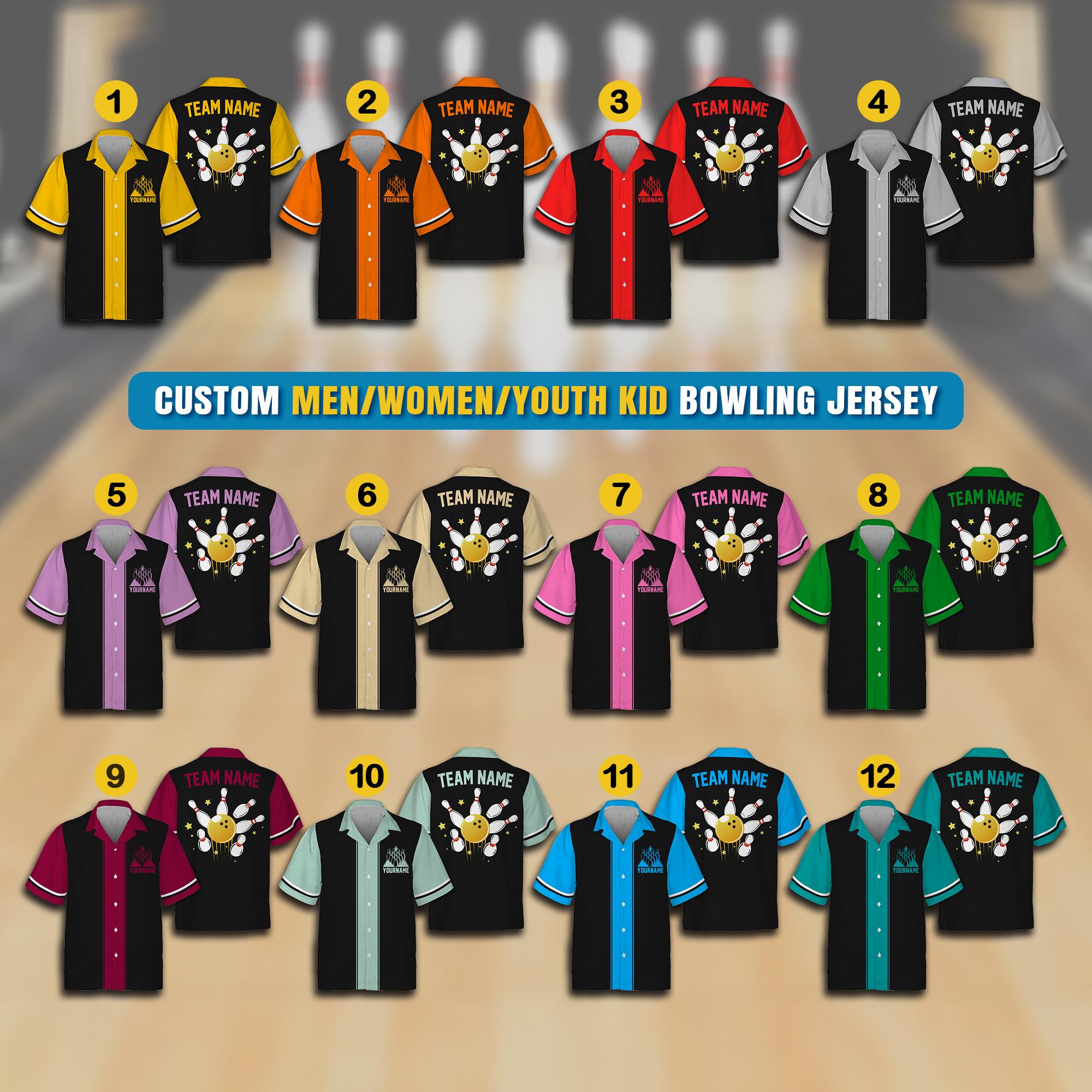 Personalized Hawaiian Bowling Jersey for Adult Youth Kid, Custom Name Matching Bowling Team Jersey Shirt, Button Down Bowling Jersey Gift