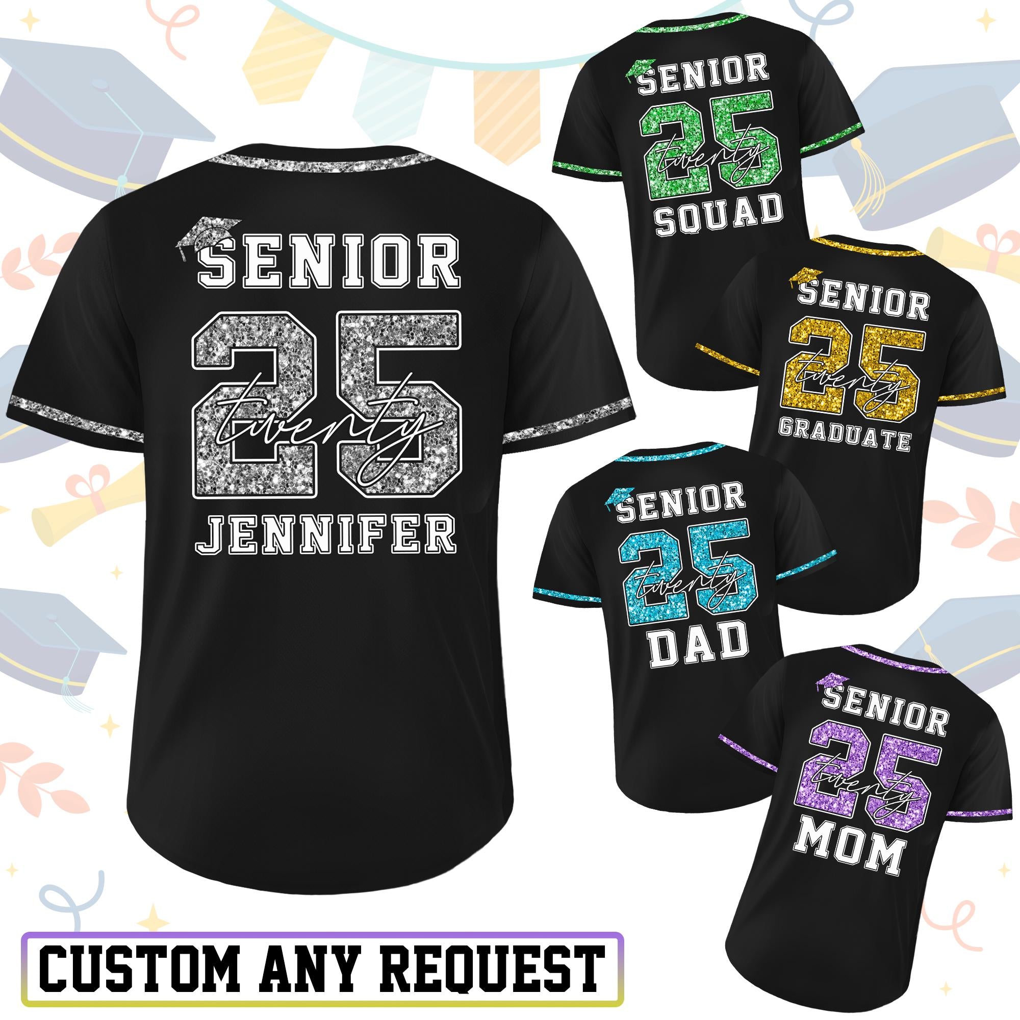 Custom Senior 2025 Baseball Jersey For Men Women Youth Kid, Personalized Glitter Class of 2025 Shirt, High School Graduation Family Matching