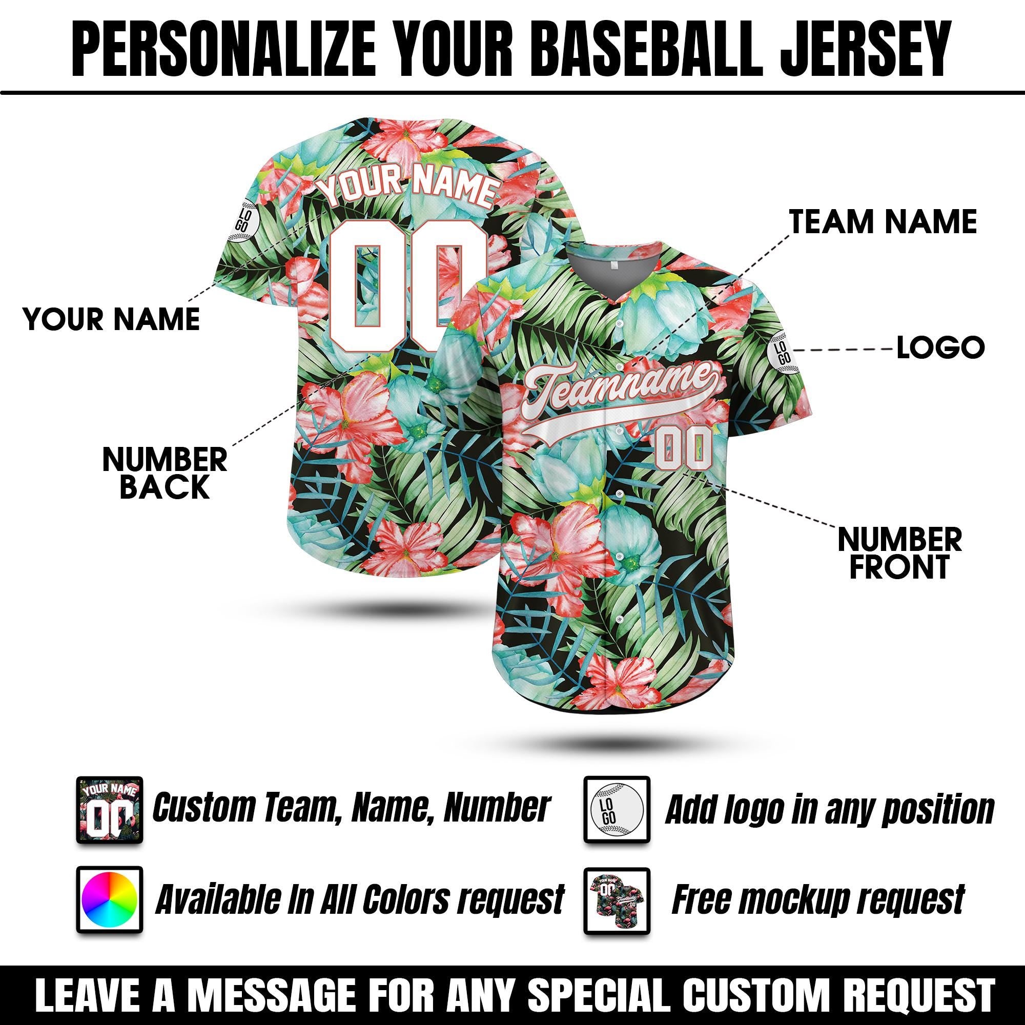 Custom Hawaiian Baseball Jersey with Team Name Number Logo, Personalized Hawaii Floral Shirt for Men Women Youth Preschool Button Shirt