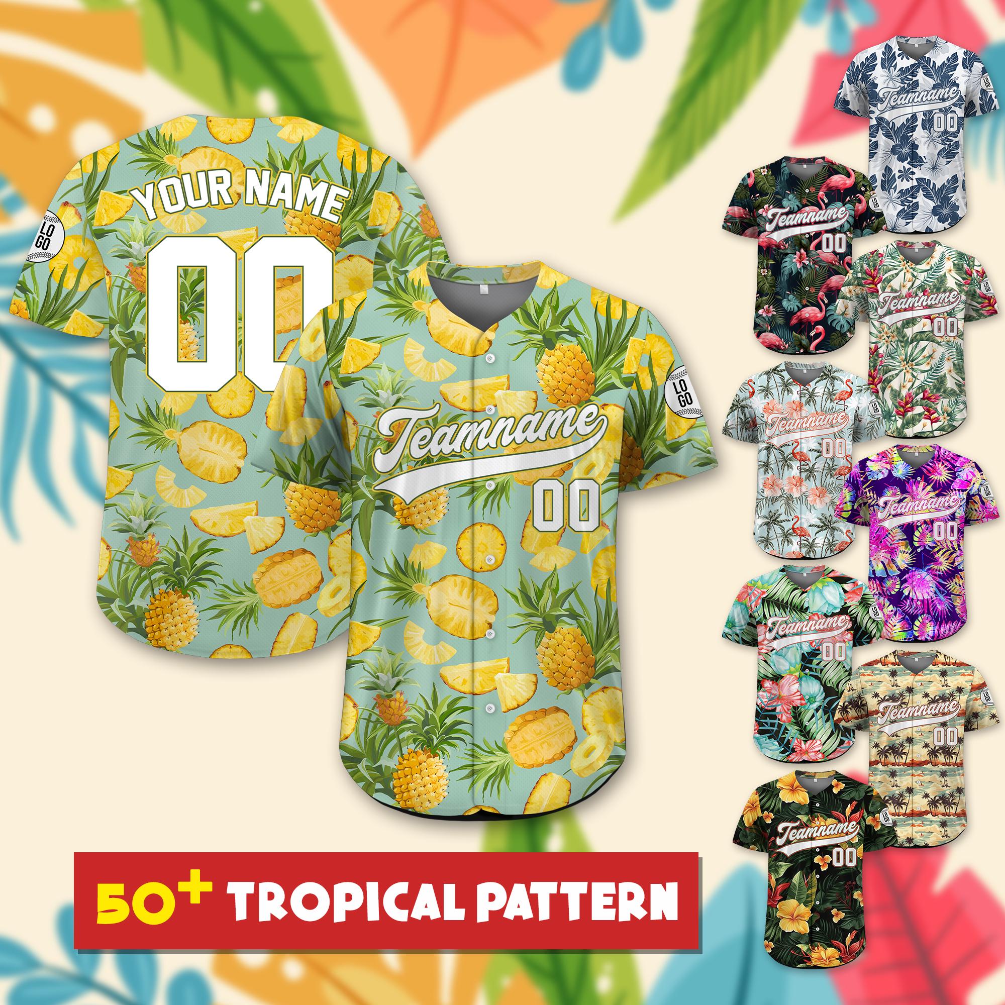 Custom Hawaiian Baseball Jersey with Team Name Number Logo, Custom Name Tropical Palm Trees Baseball Jersey, Beach Summer Vacation Jersey