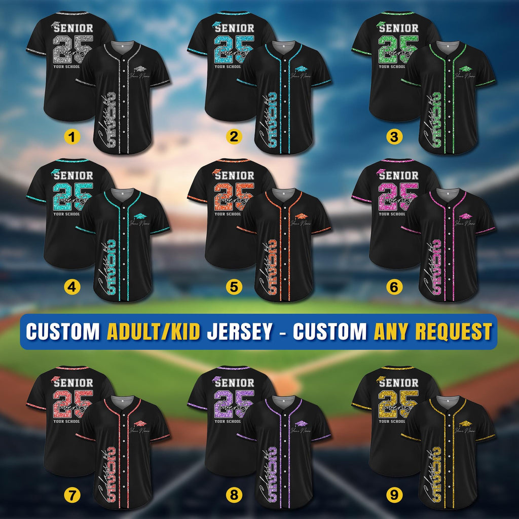 Custom Senior 2025 Baseball Jersey For Men Women Youth Kid, Personalized Glitter Class of 2025 Shirt, High School Graduation Family Matching