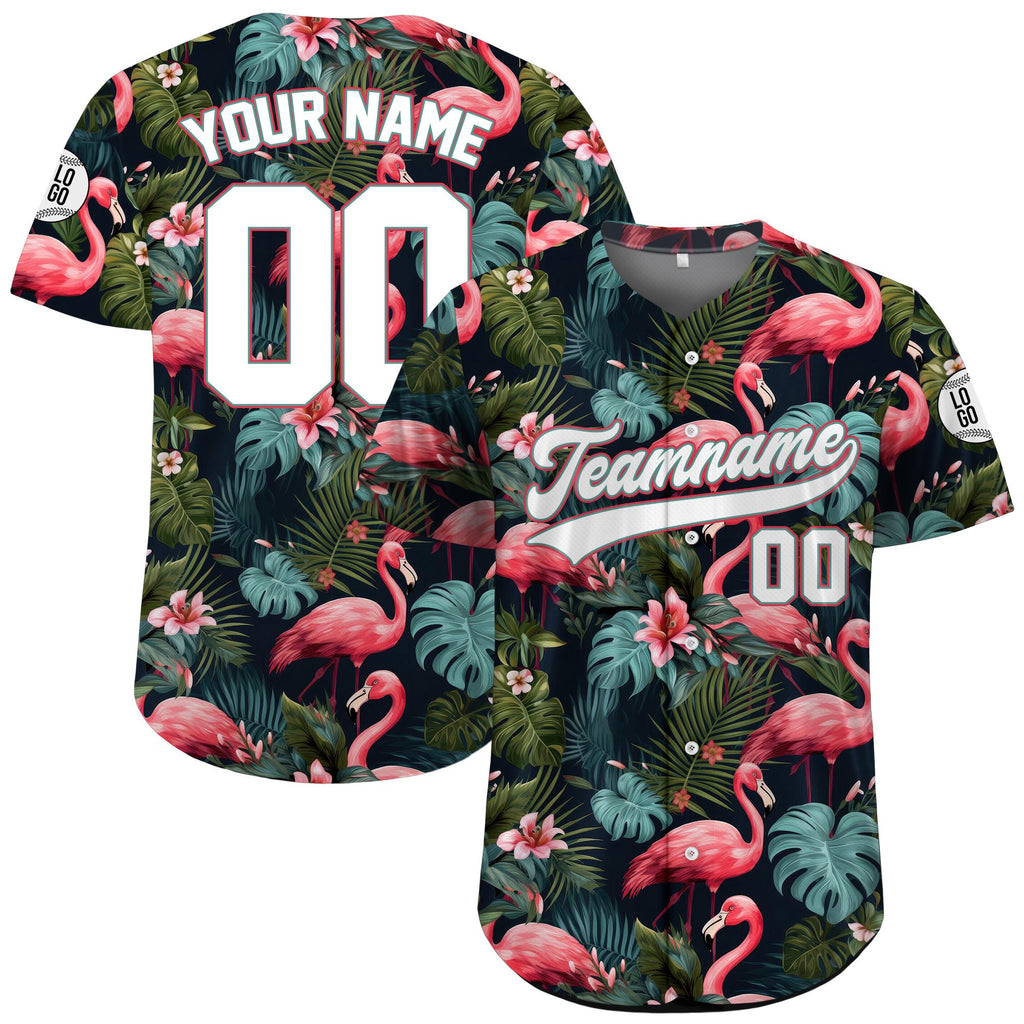 Personalized Hawaiian Baseball Jersey with Team Name Number Logo, Custom Tropical Flamingo Baseball Jersey, Beach Summer Vacation Jersey