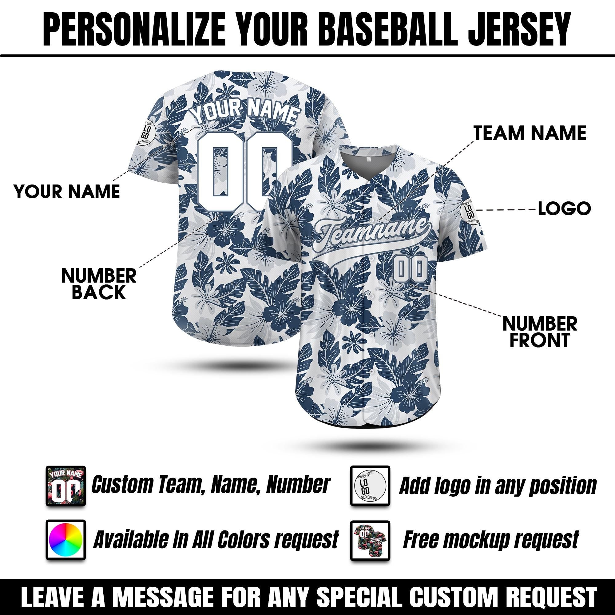 Personalized Hawaiian Baseball Jersey with Team Name Number Logo, Custom Beach Vacation Tropical Pattern Shirt for Men Women Kid,Summer Gift