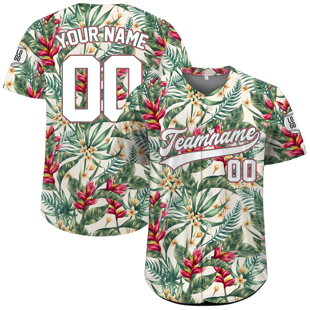 Personalized Hawaiian Baseball Jersey with Team Name Number Logo, Custom Beach Vacation Tropical Pattern Jersey, Leaf Shirt Baseball Jersey