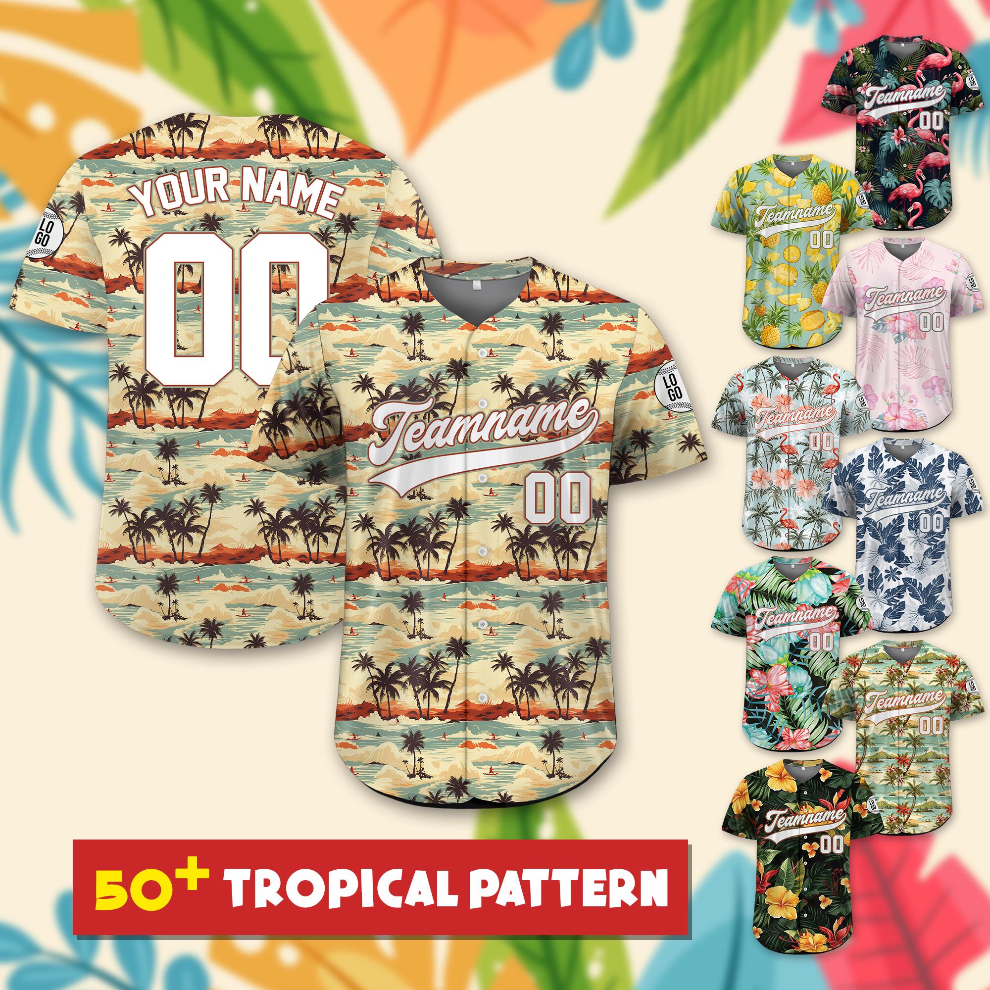 Personalized Hawaiian Baseball Jersey with Team Name Number Logo, Custom Beach Vacation Tropical Pattern Jersey, Leaf Shirt Matching Jersey