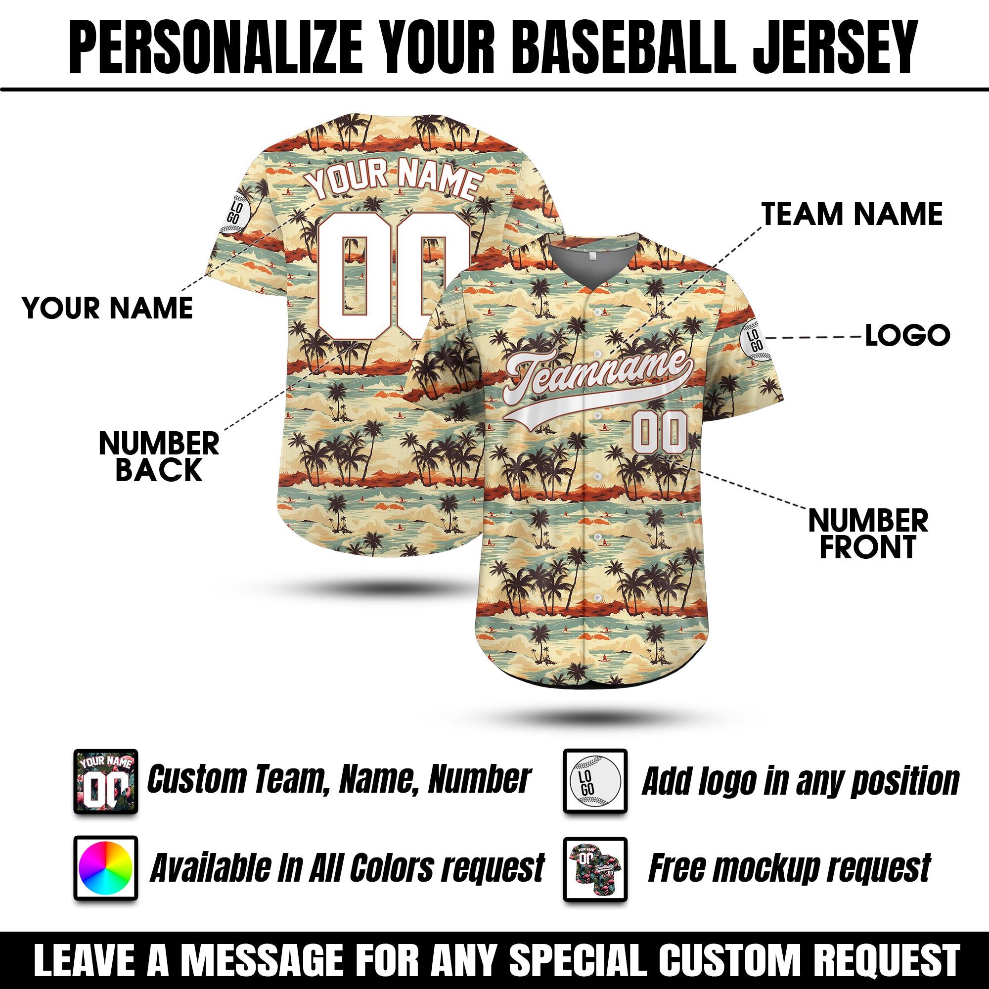 Personalized Hawaiian Baseball Jersey with Team Name Number Logo, Custom Beach Vacation Tropical Pattern Jersey, Leaf Shirt Matching Jersey