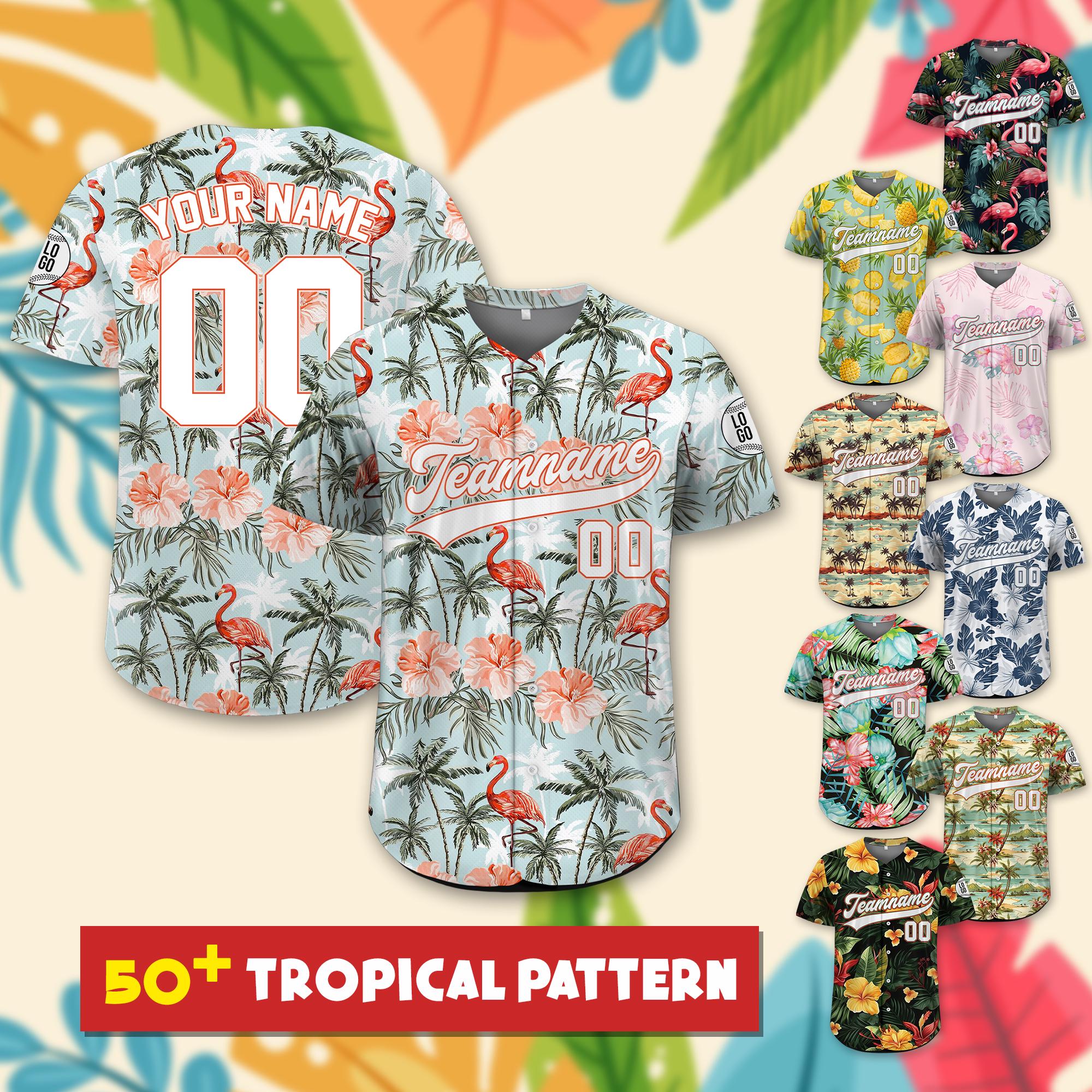 Custom Hawaiian Baseball Jersey with Team Name Number Logo, Custom Adult Kid Beach Vacation Tropical Jersey, Leaf Shirt Matching Jersey