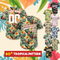 Personalized Hawaiian Baseball Jersey with Team Name Number Logo, Custom Beach Vacation Tropical Pattern Leaf Matching Family Jersey Shirt