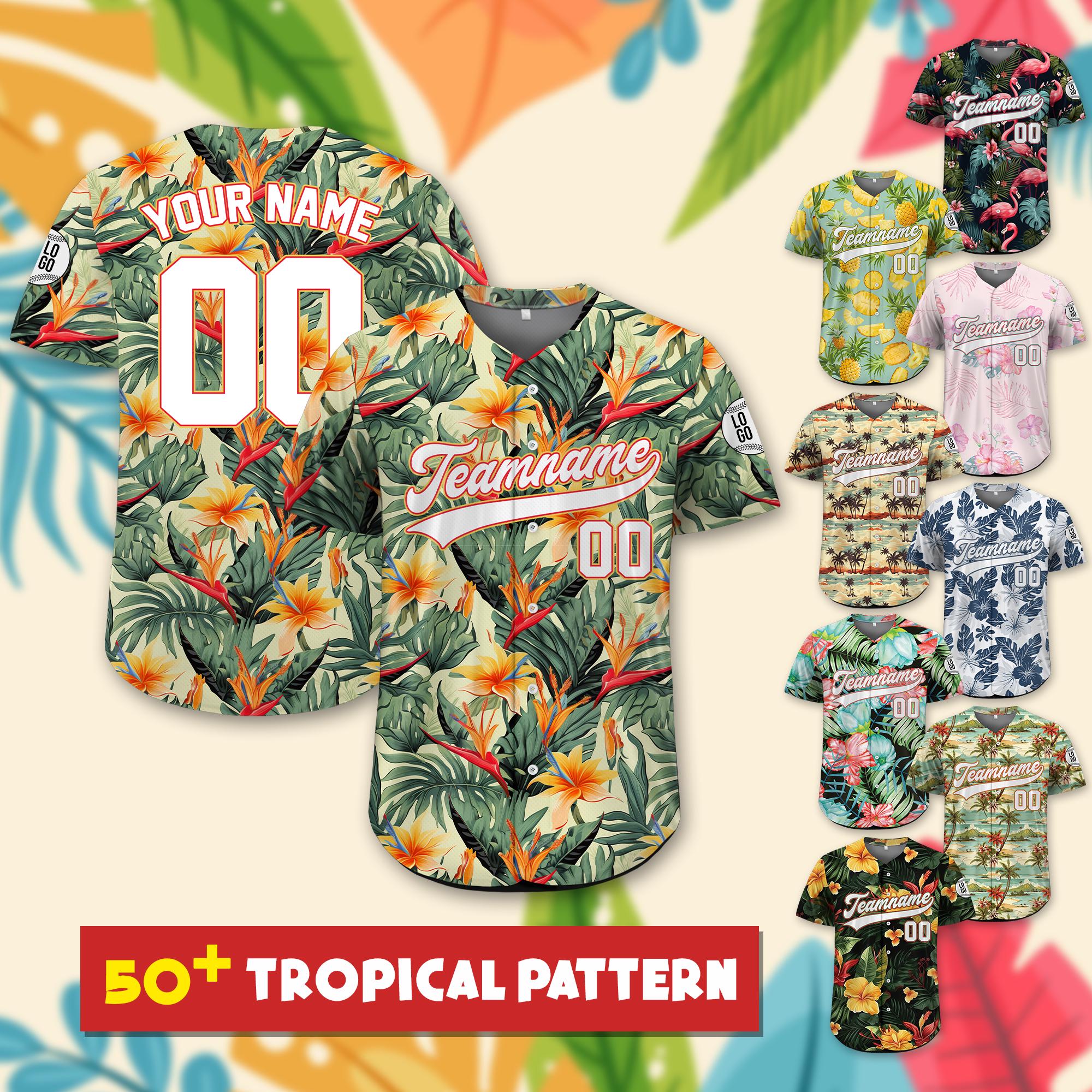 Personalized Hawaiian Baseball Jersey with Team Name Number Logo, Custom Beach Vacation Tropical Pattern Leaf Matching Family Jersey Shirt