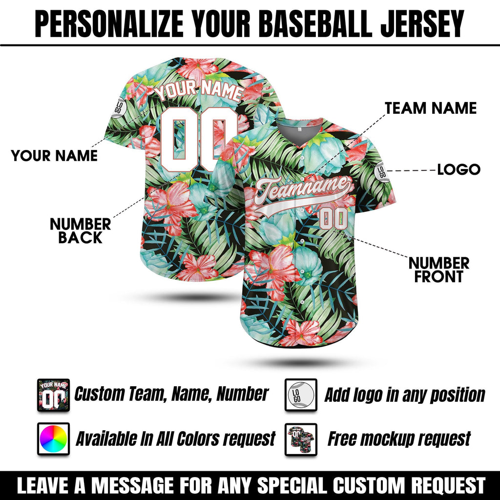 Personalized Hawaiian Baseball Jersey for Adult Youth Kid with, Custom Team Name Number Flower Beach Vacation Tropical Matching Jersey